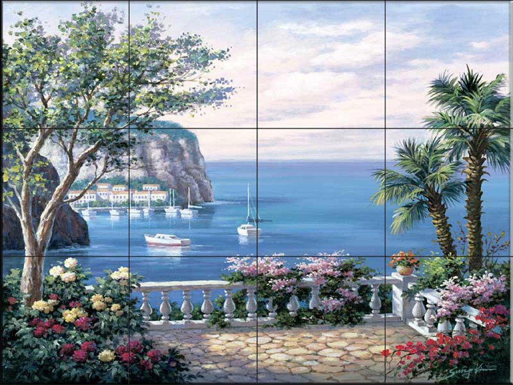 Coastal Del Sol Ceramic Backsplash Tile Mural - Water View Landscape Design for Kitchen, Bathroom & Shower - Waterproof & Durable - Perfect for Beach House, Spa or Coastal-Themed Decor