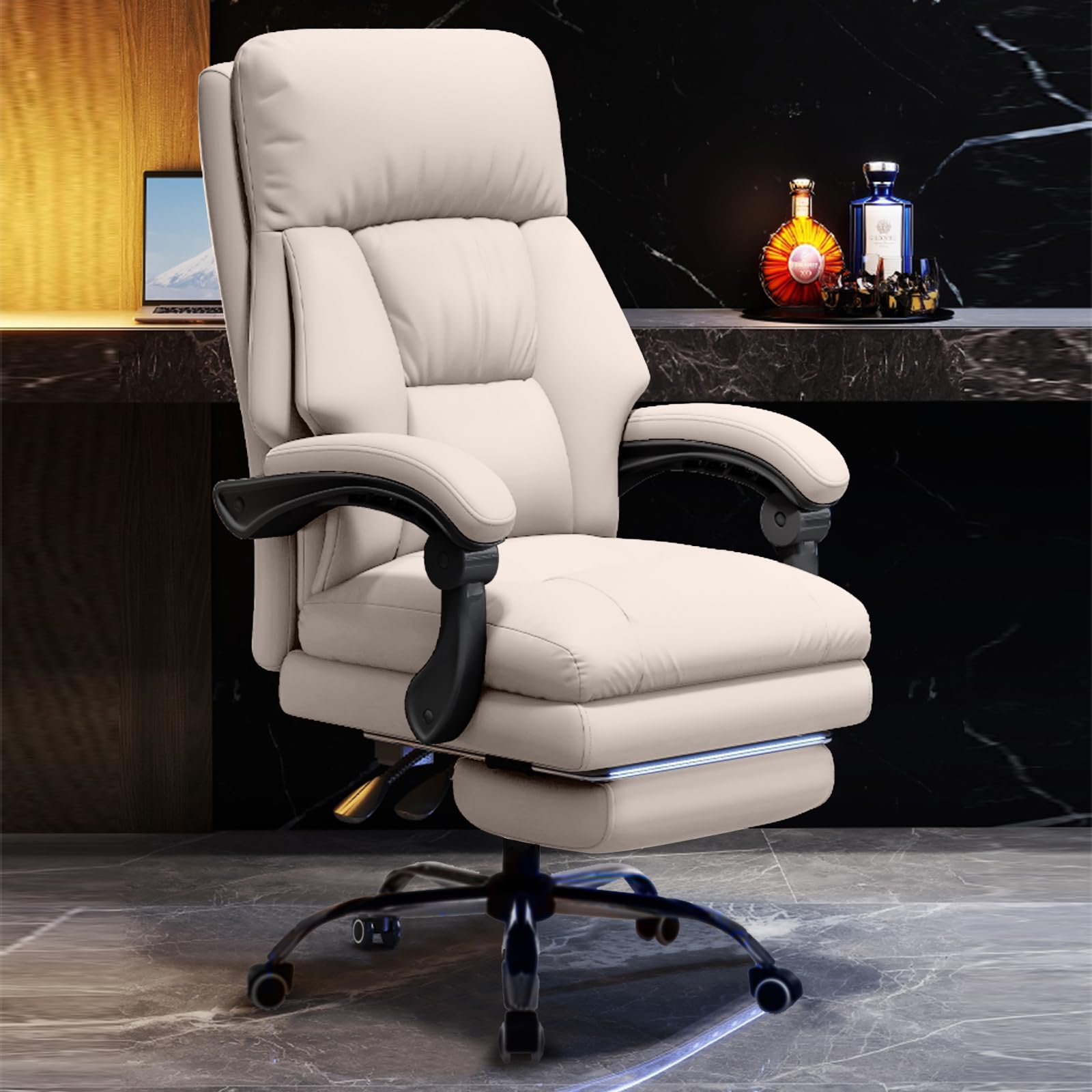 Ergonomic Executive Office Chair with Adjustable Footrest - High Back PU Leather Computer Gaming Chair for Home & Office - Big & Tall Desk Chair in Greige - Perfect for Long Work Hours & Gaming Sessions