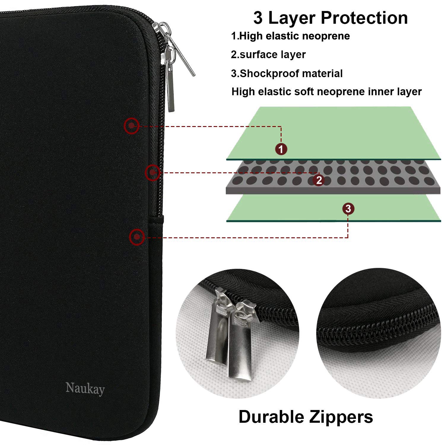 Naukay 13-13.3 Inch Neoprene Laptop Sleeve Case - Shockproof & Water Resistant Protective Cover for MacBook Pro, MacBook Air, Notebook Computers - Lightweight & Slim Design for School, Office, Travel (Black)
