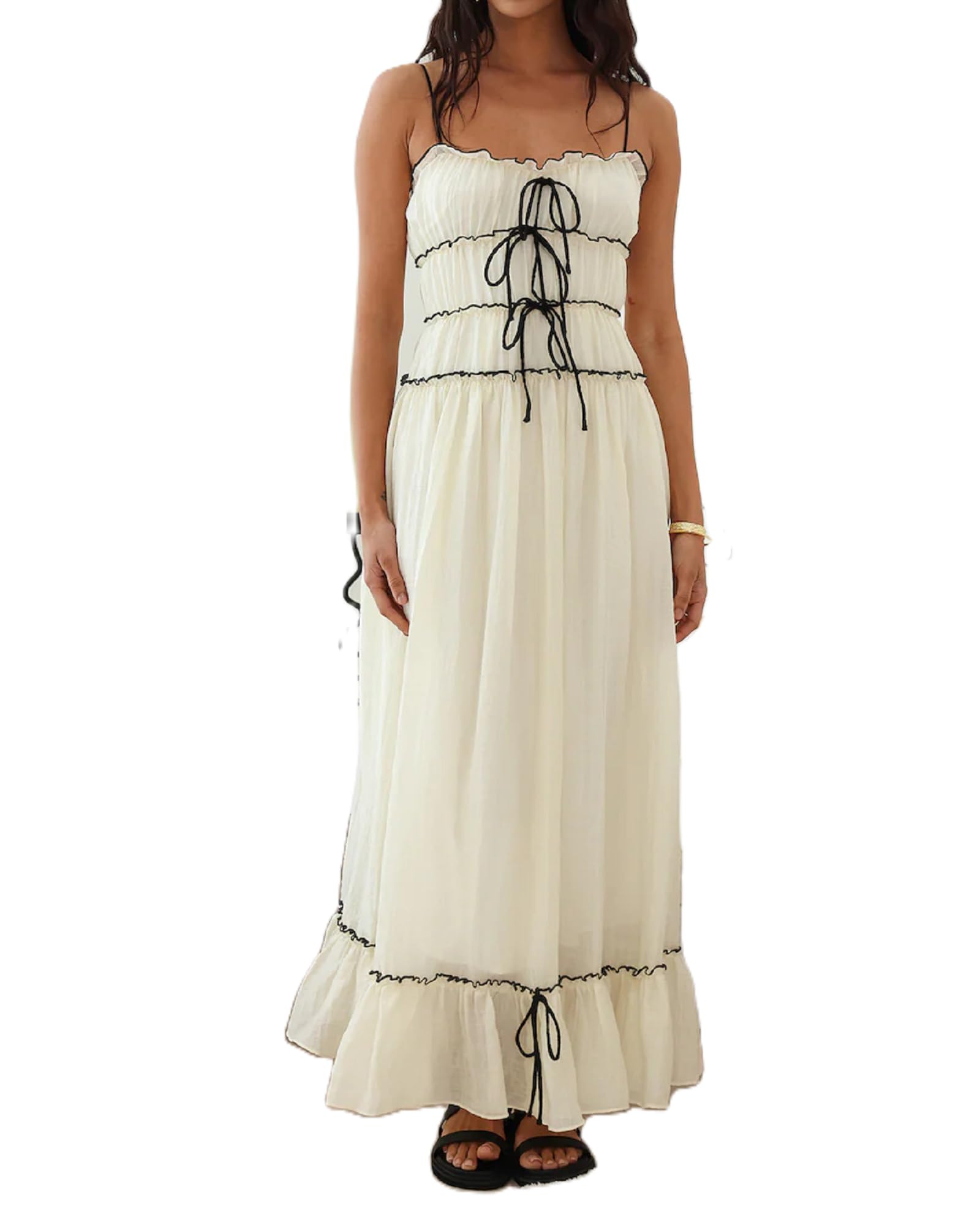 Women's Summer Spaghetti Strap Maxi Sundress - Sleeveless Square Neck A-Line Flowy Long Boho Smocked Dress for Beach, Vacation & Casual Wear | Lightweight & Comfortable