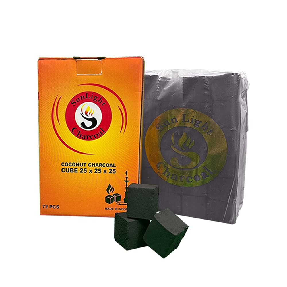 Premium Sunlight® Coconut Hookah Charcoal Cubes - 72 Count Natural Shisha Charcoal Tablets (2.5cm) - Odorless, No Bad Taste, Vacuum Sealed with Anti-Humidity Pouch - Perfect for Home Hookah Sessions, Parties & Relaxing Evenings