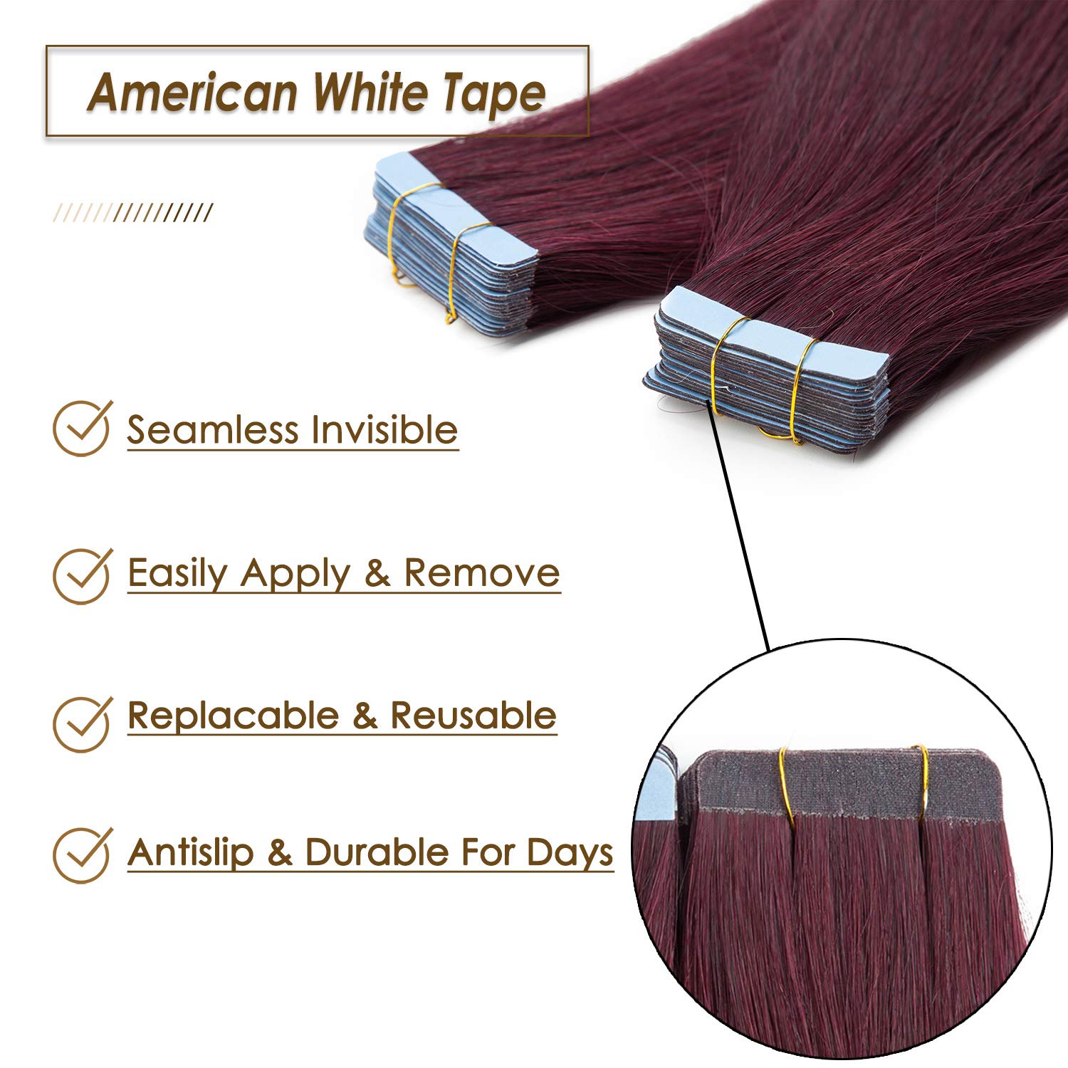 S-noilite 24 Inch Burgundy Tape in Hair Extensions - 50g 20Pcs Real Human Hair Skin Weft Seamless Extensions #99J Wine Red - Perfect for Parties, Weddings & Daily Styling