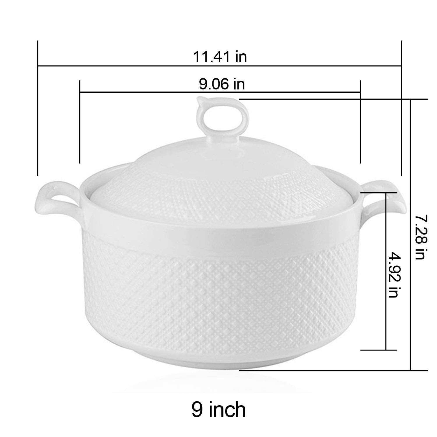 BAKOUSTAR 9-Inch Double Handle Pure White Ceramic Soup Tureen with Lid - Heat-Resistant Round Casserole Dish, Clay Pot & Earthen Cookware - Perfect for Serving Soups, Stews & Hot Dishes - Elegant Gift Box Packaging