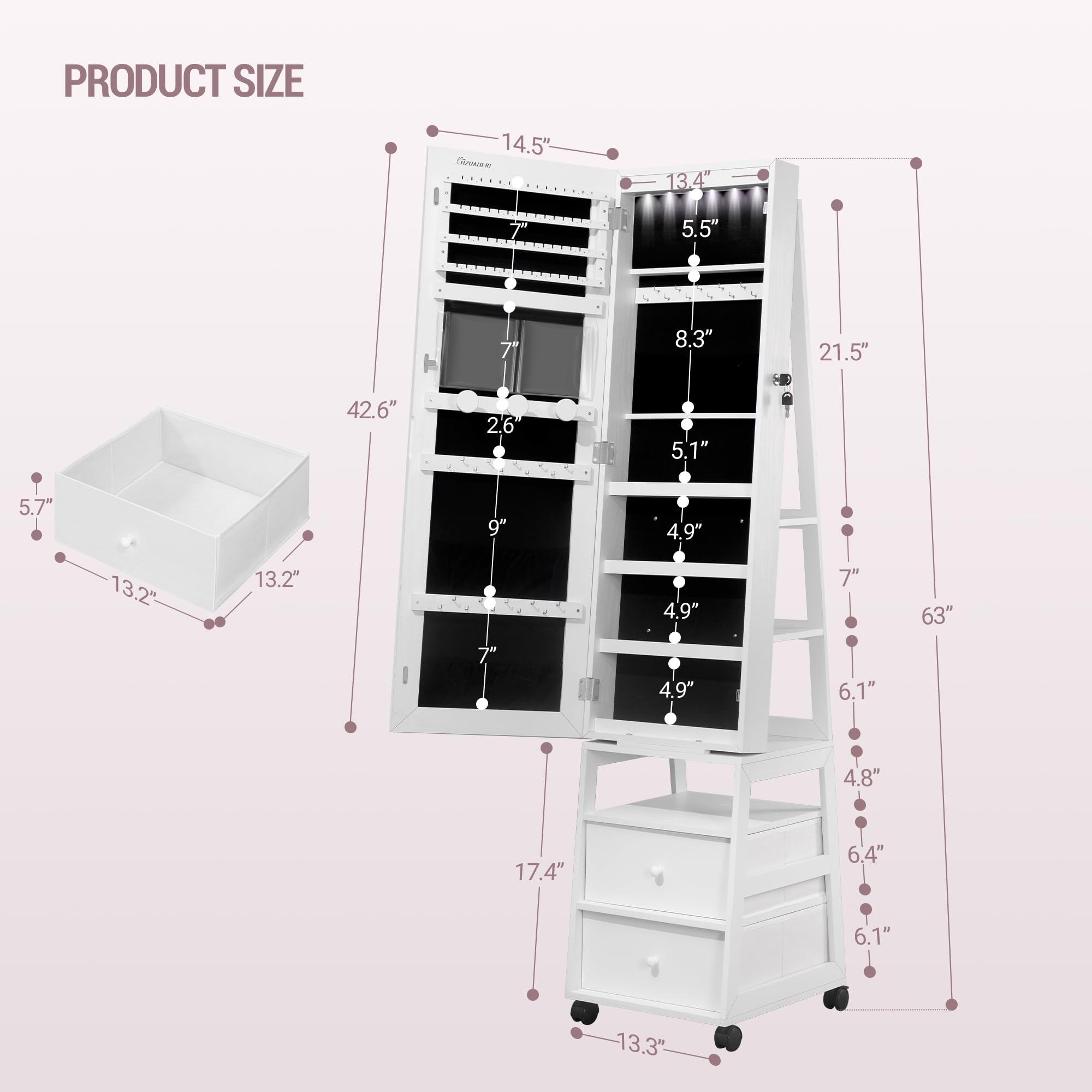 Lockable Jewelry Organizer Mirror Cabinet with Lights & Wheels - 360° Swivel, 2 Drawers for Women's Jewelry Storage - Bedroom/Bathroom Use