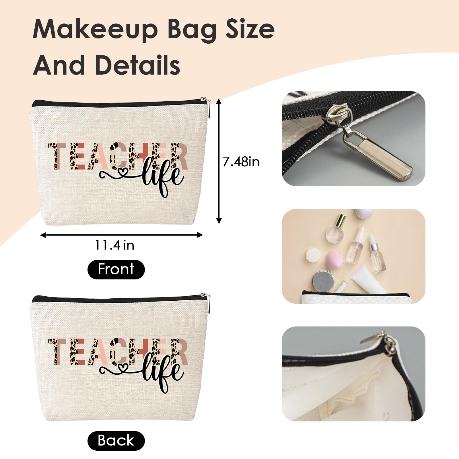 Teacher Appreciation Tote Bag - Leopard Print Pencil Design Zippered Canvas Tote with Matching Cosmetic Pouch | Perfect Teacher Gift for Women, School Supplies & Everyday Use | Great for Teacher's Day, Back to School, Classroom Organization & Work Commute