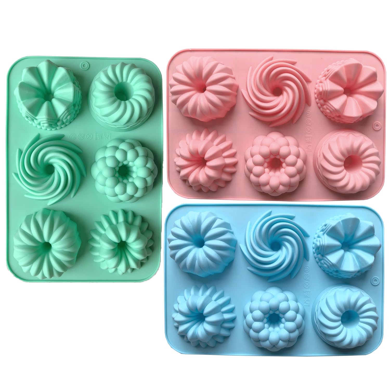 3pcs Silicone Donut Baking Molds - Multicolor 6-Cavity Non-Stick Doughnut Pans with Flower & Swirl Shapes | Perfect for Homemade Donuts, Cupcakes & Desserts | Ideal for Baking, Party Treats & DIY Crafts