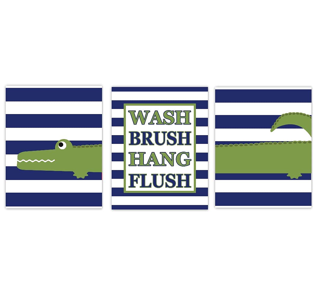 Kids Bathroom Wall Art - Alligator Green Navy Blue Children's Bath Rules Prints (Wash, Brush, Hang, Flush) - 3 Unframed Decor Posters for Bathroom, Nursery & Kids Room