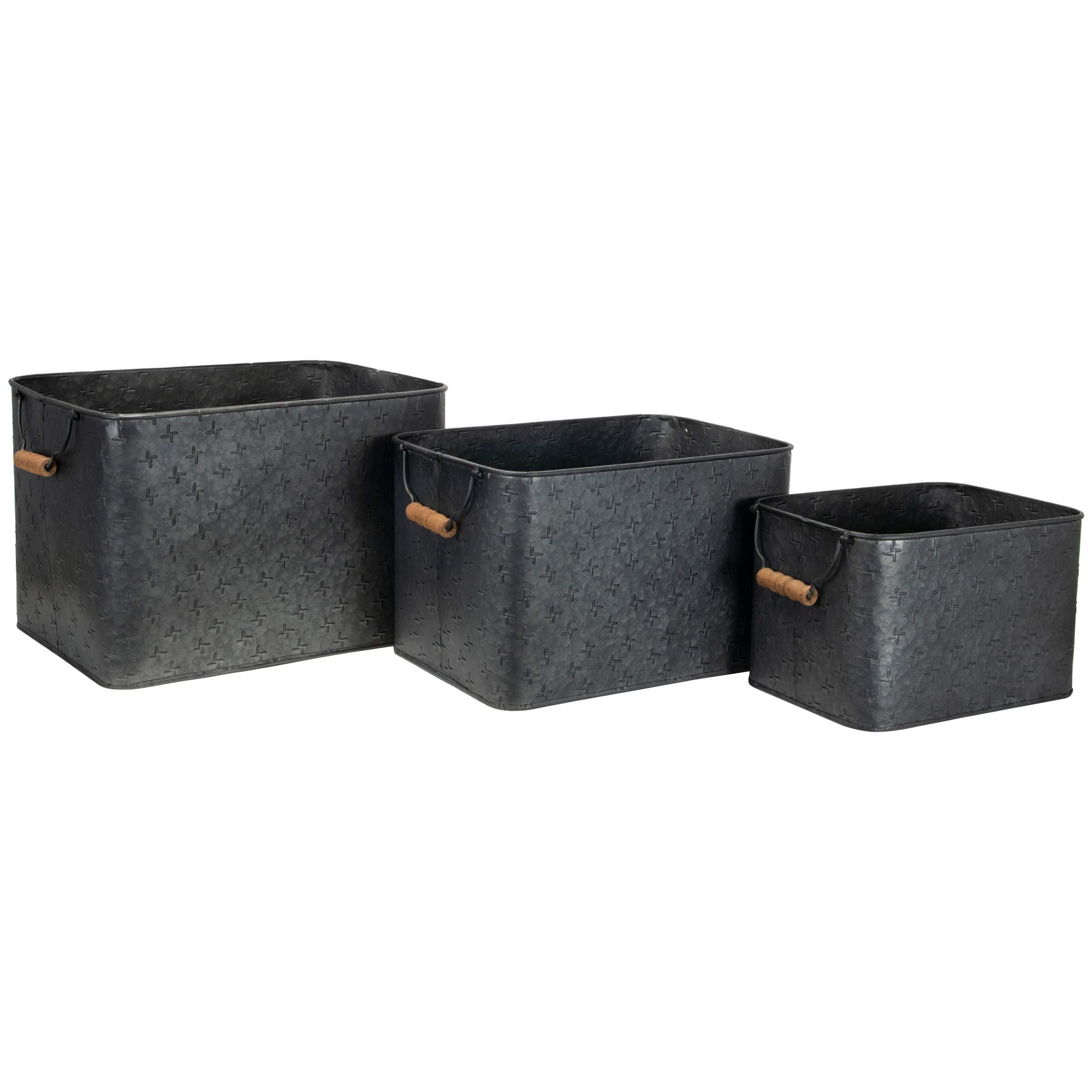 Foreside Home & Garden Set of 3 Black Galvanized Metal Storage Bins with Wooden Handles - Decorative Nesting Organizers for Pantry, Bathroom, Nursery & Closet Storage