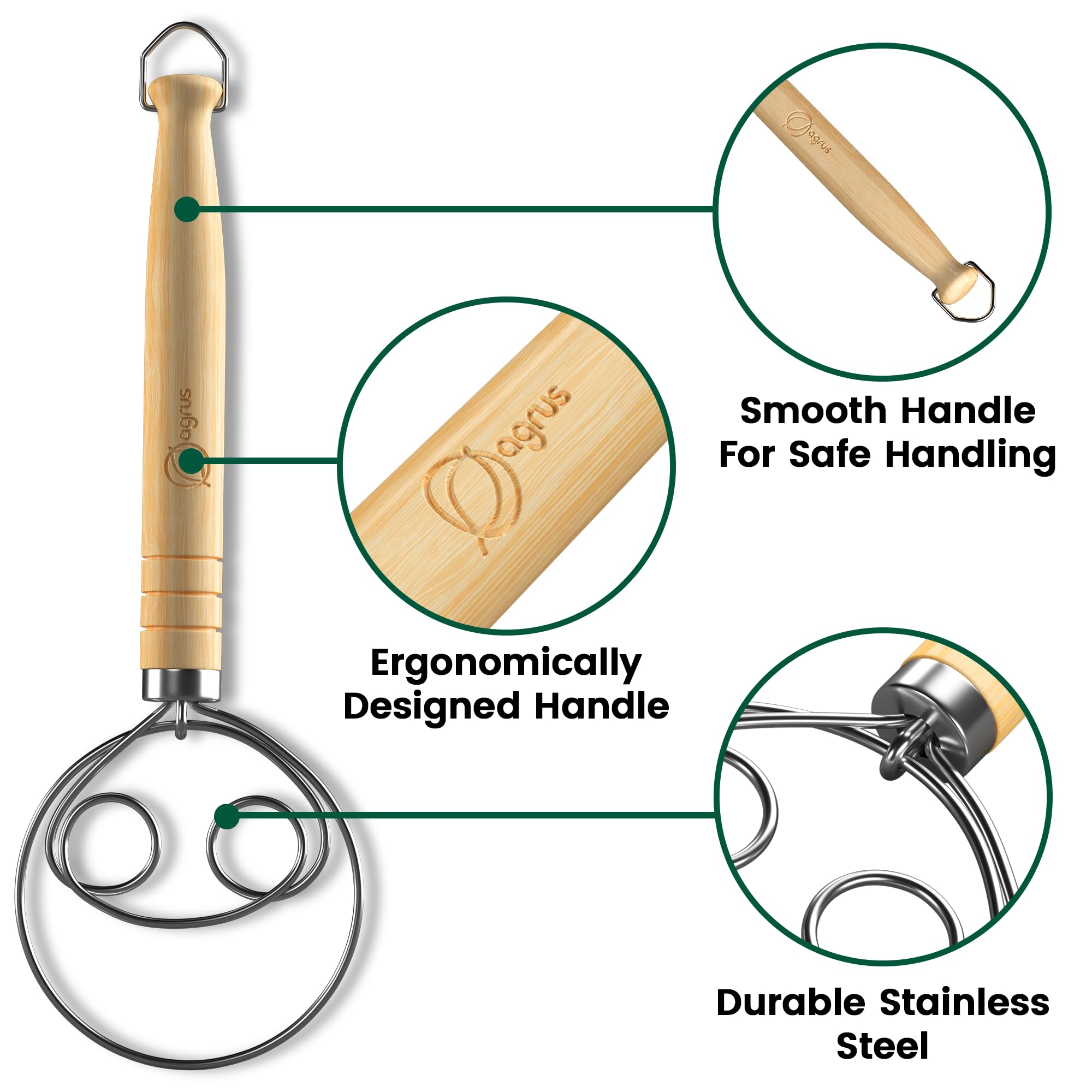 Premium Danish Dough Whisk for Bread Baking - Ergonomic Long Wooden Handle Mixing Tool - Perfect for Homemade Sourdough, Pizza Dough & Pastry Making