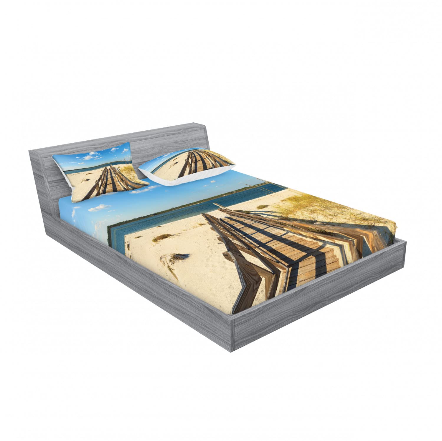 Ambesonne 2-Pack Full Size Fitted Sheets & 4 Pillow Shams Set - Coastal Beach Theme with Long Pier Design in Cream & Blue - Soft Bedding Decor for Guest Rooms, Vacation Homes & Beach House Retreats