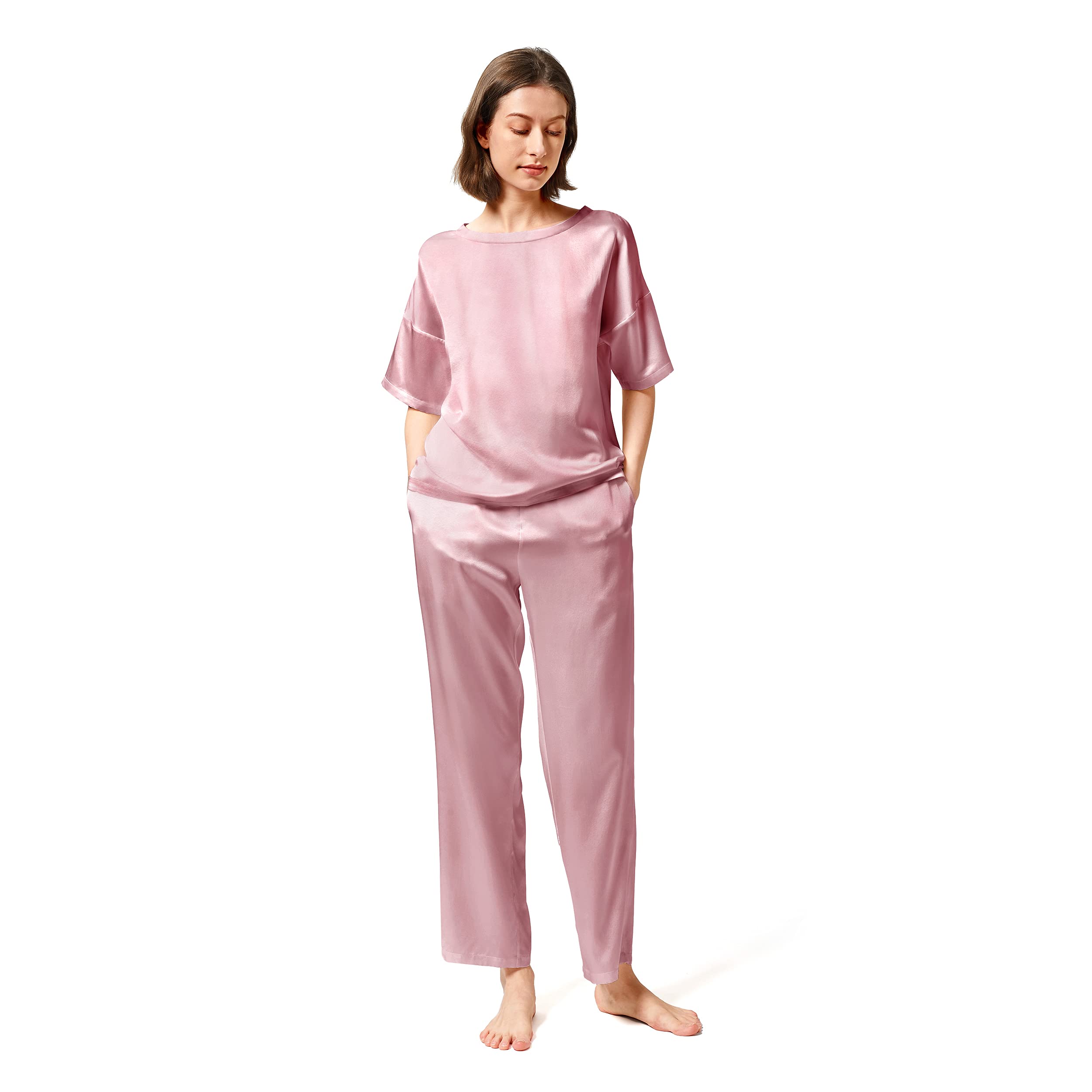 Mommesilk 100% Mulberry Silk Pajama Set for Women - Half Sleeve Summer Sleepwear, Washable & Breathable Silk Pjs - Perfect for Lounging, Travel & Comfortable Nighttime Sleep