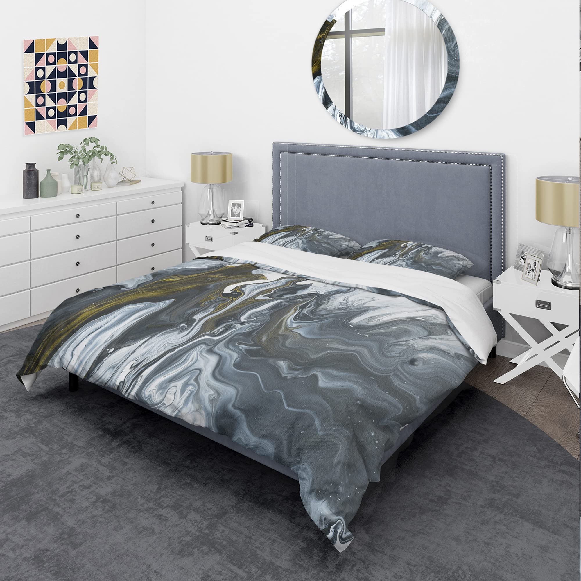 DesignQ 'Grey, Yellow & White Hand-Painted Marble Acrylic' Mid-Century Modern Duvet Cover Set - Queen Size Bedding for Contemporary & Boho Chic Bedrooms