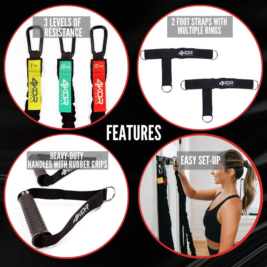 4KOR Deluxe Adjustable Resistance Band Set - Full Body & Shoulder Workout with Interchangeable Handles, Foot Straps & Workout Guide - Portable Exercise Bands with Nylon Sleeves, Anchors & Carry Bag for Home Gym, Travel Fitness & Physical Therapy