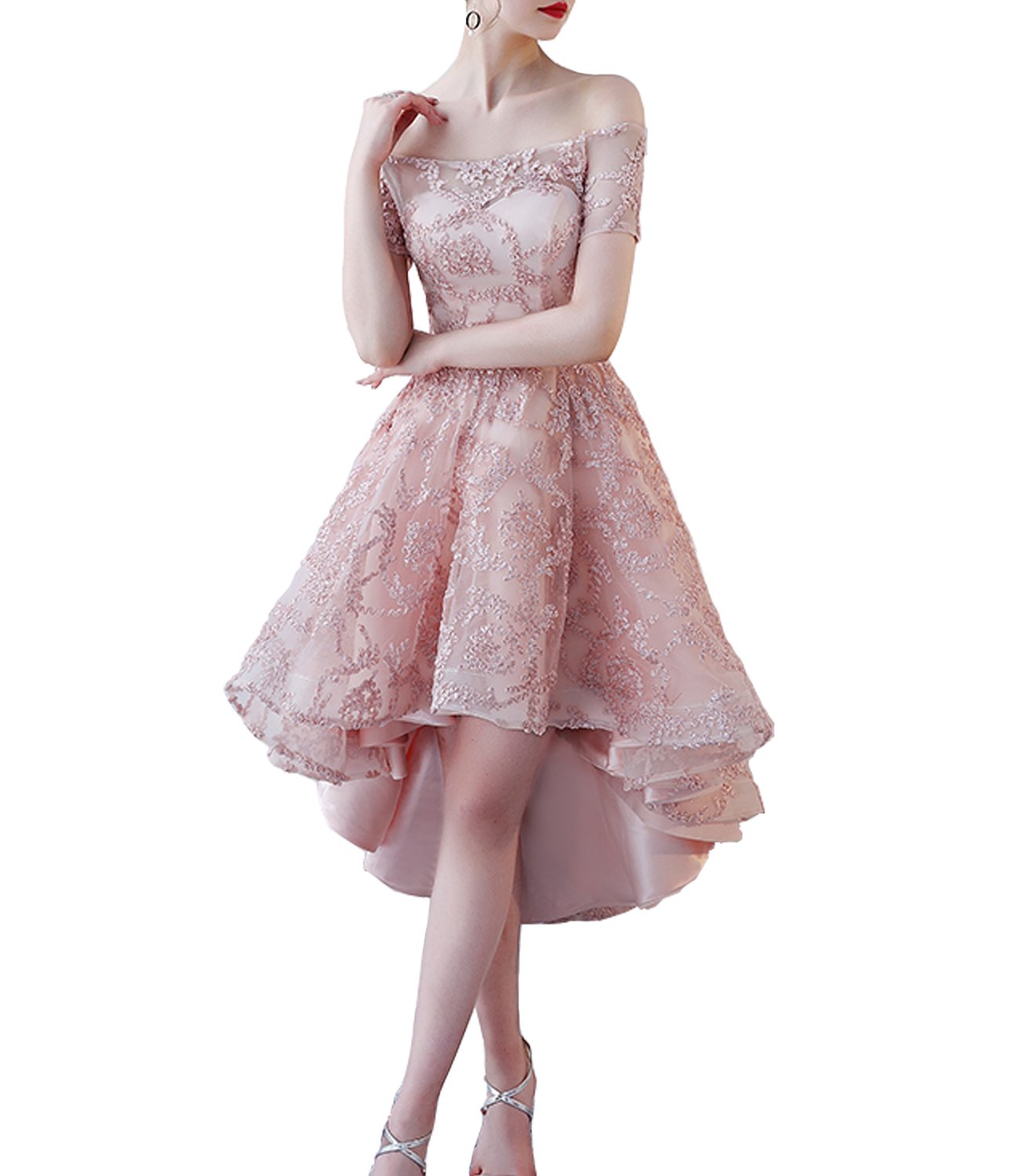 Off The Shoulder Cap Sleeves Lace Corset Prom Dress for Women - Elegant Homecoming Dress in Dusty Pink with High Low Hem | Perfect for Prom, Evening Parties & Special Occasions