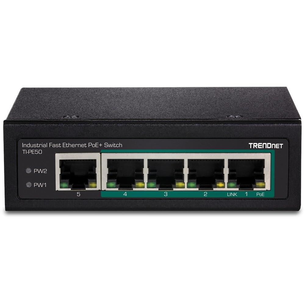 TRENDnet 5-Port Industrial Fast Ethernet DIN-Rail Switch with 4 PoE+ Ports (90W Budget) | IP30 Rated | Lifetime Warranty | for Factory Automation & Smart Building Networks