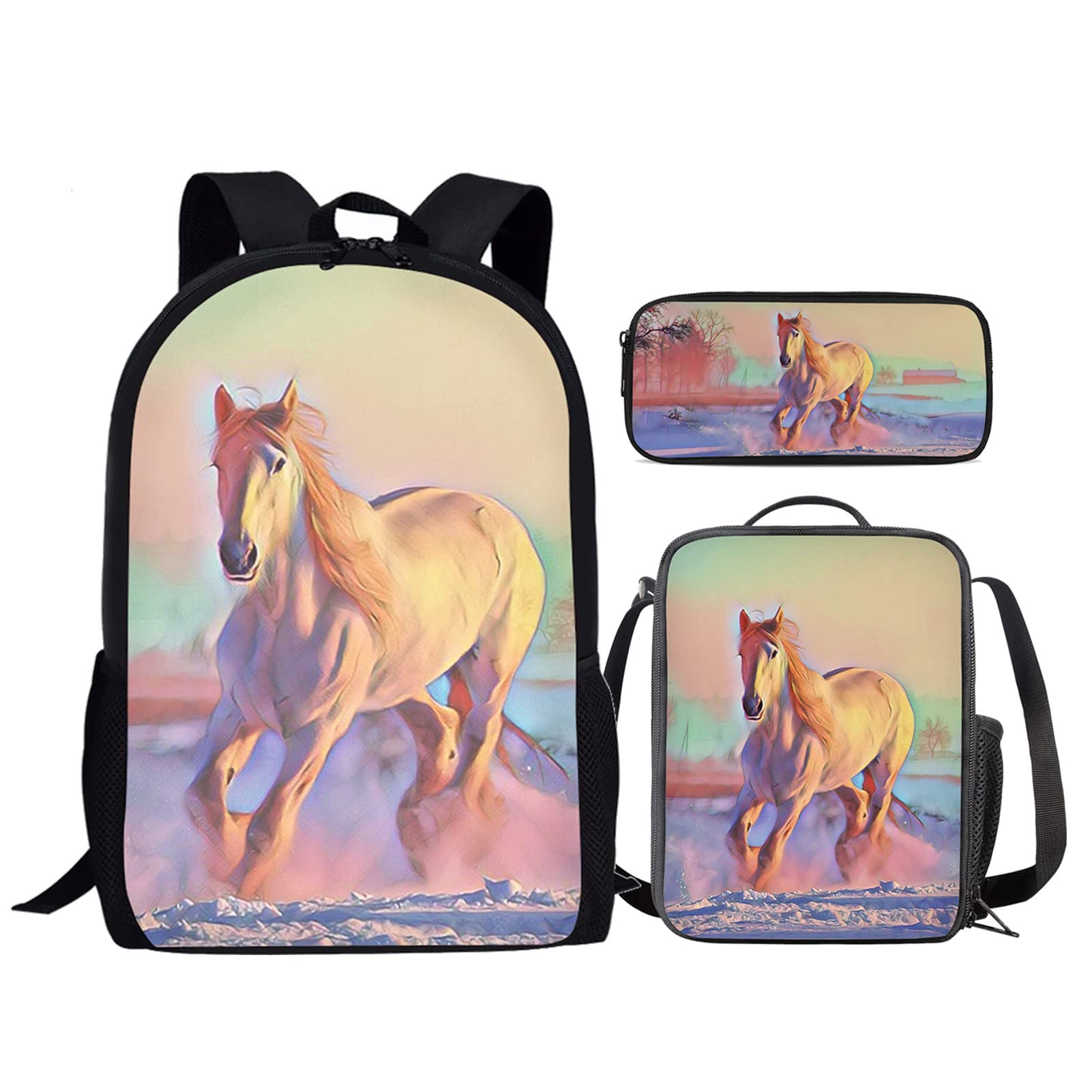 Cute Horse Print Kids Backpack for Girls - School Book Bag with Lunch Box & Pencil Case - Elementary Middle School Backpack for Travel, Sports & Daily Use