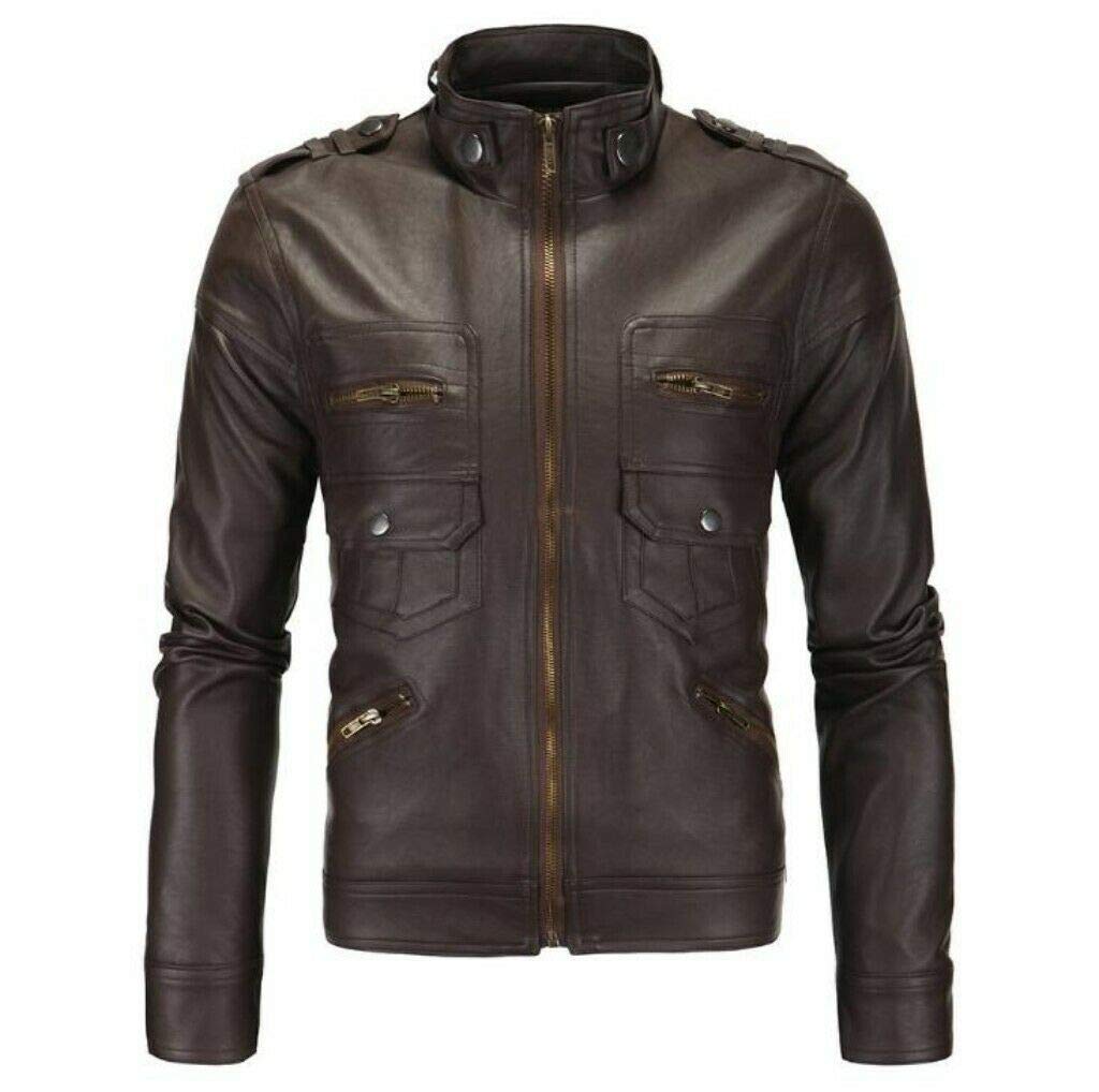 UGFashions Men's Stand Collar Slim Fit Motorcycle Biker Jacket - Genuine Dark Brown Leather Zipper Coat for Riding & Casual Wear | Perfect for Motorcycle Enthusiasts & Fashionable Outfits
