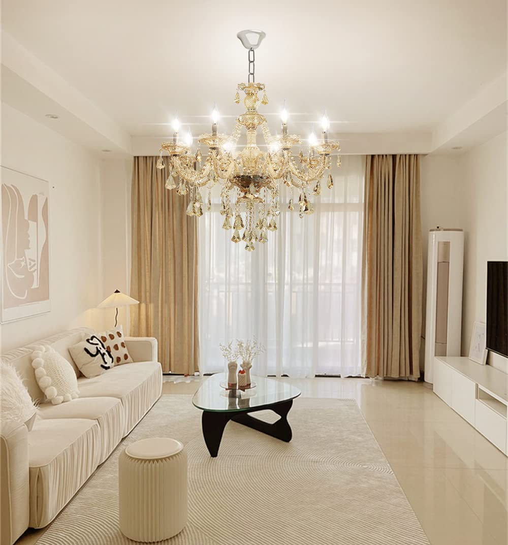 Modern Elegant K9 Crystal Chandelier - 8-Light Cognac Ceiling Pendant Fixture with E12 Candle Style Base for Living Room, Bedroom & Hallway | Luxury Lighting for Dining Room, Foyer & Wedding Decor