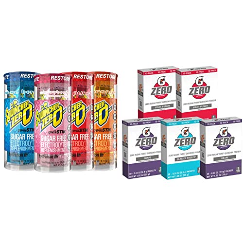 Sugar Free Sqwincher Zero Qwik Stik Electrolyte Powder Sticks (4 Flavor Variety Pack, 200 Count) & Gatorade G Zero Hydration Powder (Fruit Punch, 50 Pack) - Perfect for Workouts, Sports & Outdoor Activities