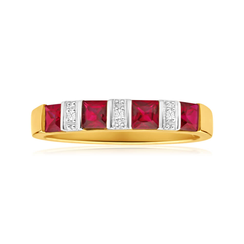9ct Yellow Gold 4 Created Ruby Diamond Ring for Women - Elegant Vintage Style Engagement & Wedding Jewelry Gift - Perfect for Anniversary, Proposal & Special Occasions