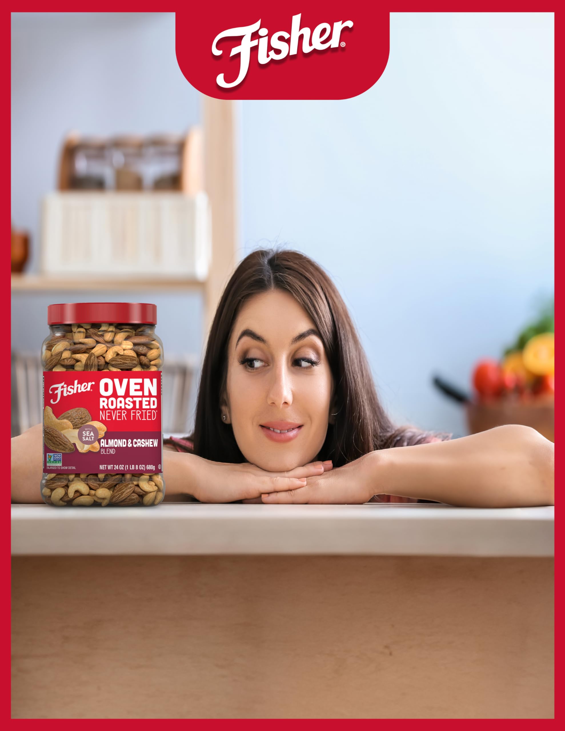 Fisher Oven Roasted Almond & Cashew Blend - Healthy Gluten Free Snacks with Sea Salt, No Added Oil or Preservatives - 24oz Pack of 1 - Perfect for Hiking, Office Snacks & Healthy Lifestyle