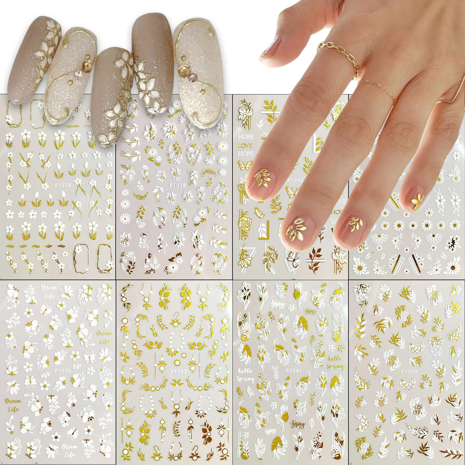 8 Sheets White Gold Flower Nail Art Stickers - 3D Self-Adhesive Daisy Floral Leaves Nail Decals with Holographic Cherry Blossom & Metal Petal Butterfly Designs for Women | Perfect for Nail Salon, DIY Manicure, Party & Wedding Nail Decorations