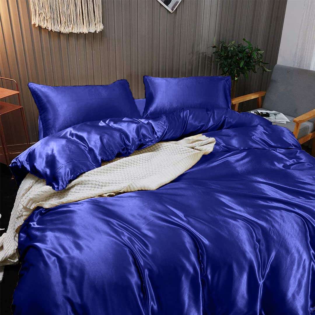 Luxury 7-Piece California King Silk Satin Sheet Set - Breathable Cooling Bedding with Deep Pockets - Wrinkle Free Hotel Quality Duvet Cover - Royal Blue Comfy Sheets for Master Bedroom & Guest Room Decor