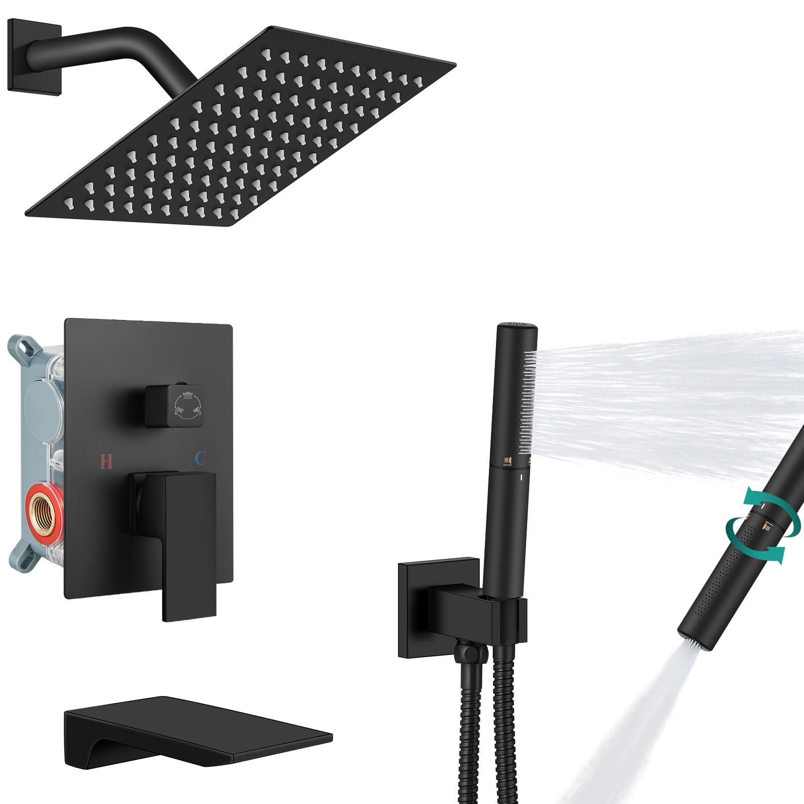 Aolemi Matte Black Shower System - 8 Inch Rainfall Shower Head with 2-in-1 Handheld & Waterfall Spout, Wall Mount Tub Faucet Combo Set with Rough-in Valve - Perfect for Modern Bathroom Renovation & Spa-Like Shower Experience