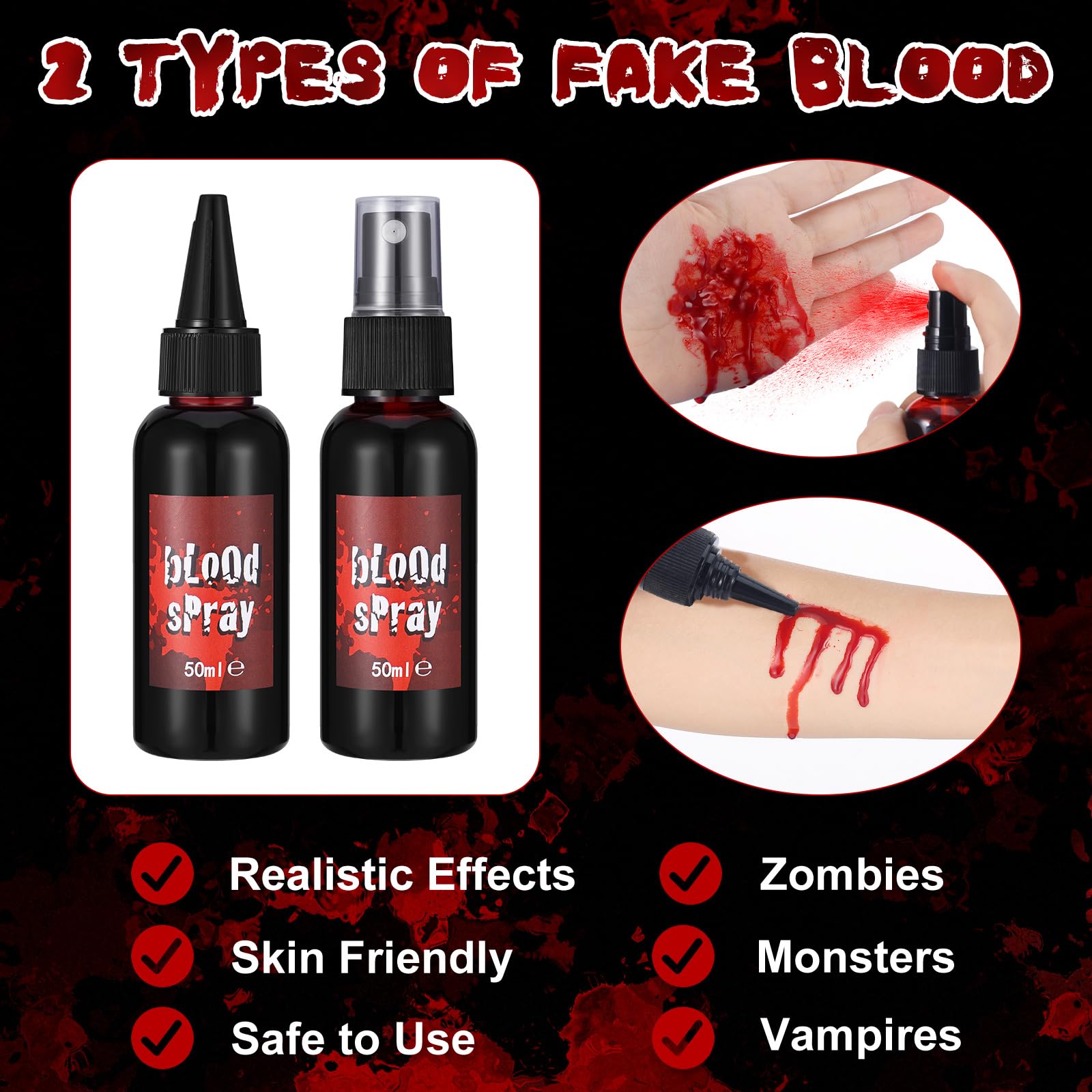 Halloween Fake Blood Makeup Kit - Washable & Non-Toxic Red Blood Spray & Gel for Realistic Dripping Effects - Perfect for Cosplay, Zombie, Vampire & Monster Costumes - Great for Halloween Parties, Haunted Houses & Horror Events (Set 1)