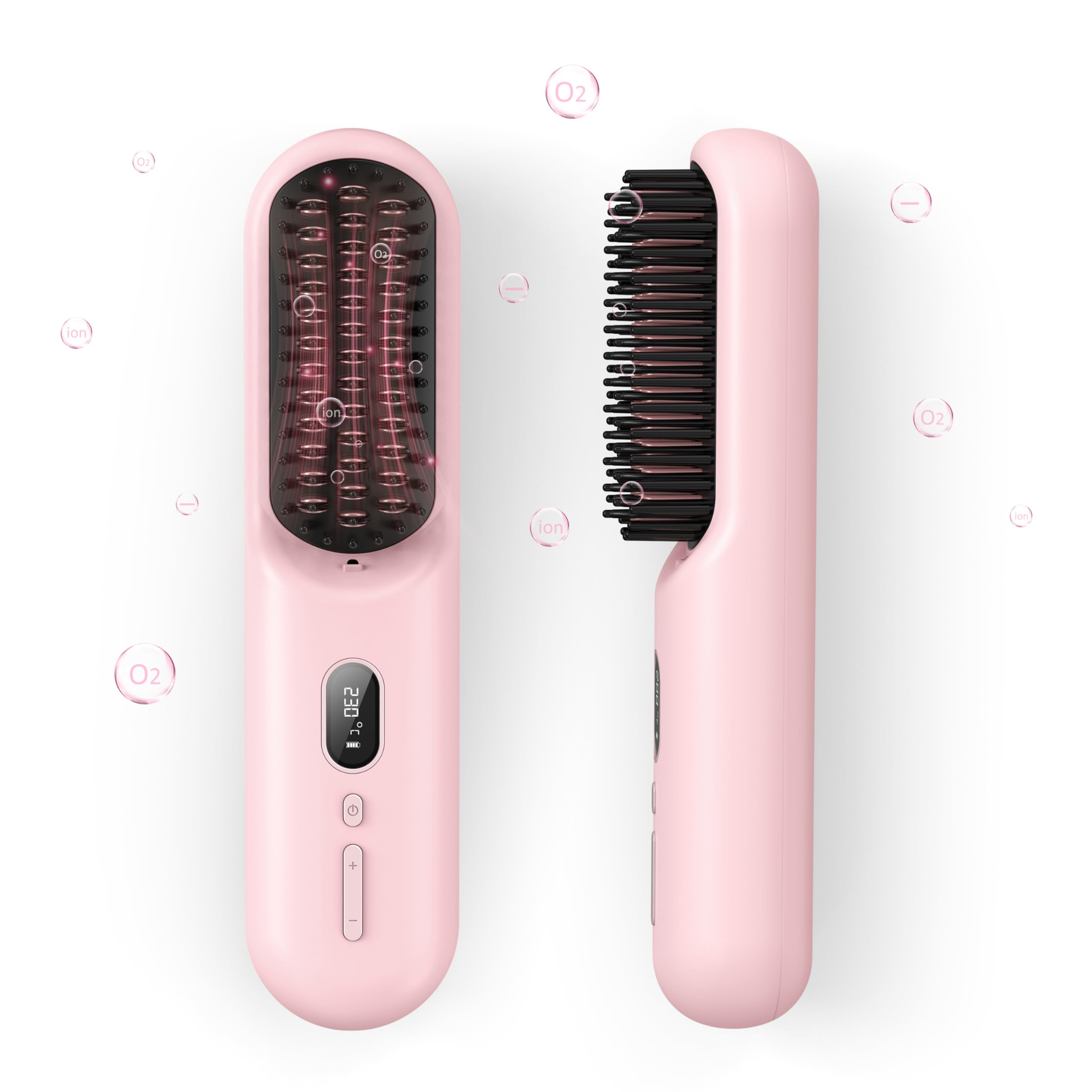 Cordless Hair Straightener Brush with LCD Temperature Display - Tourmaline Heated Styling Tool, 360° Heat Protection, Includes 2 Hair Clips & Travel Pouch | Perfect for Travel, Home & Salon Use - Pink