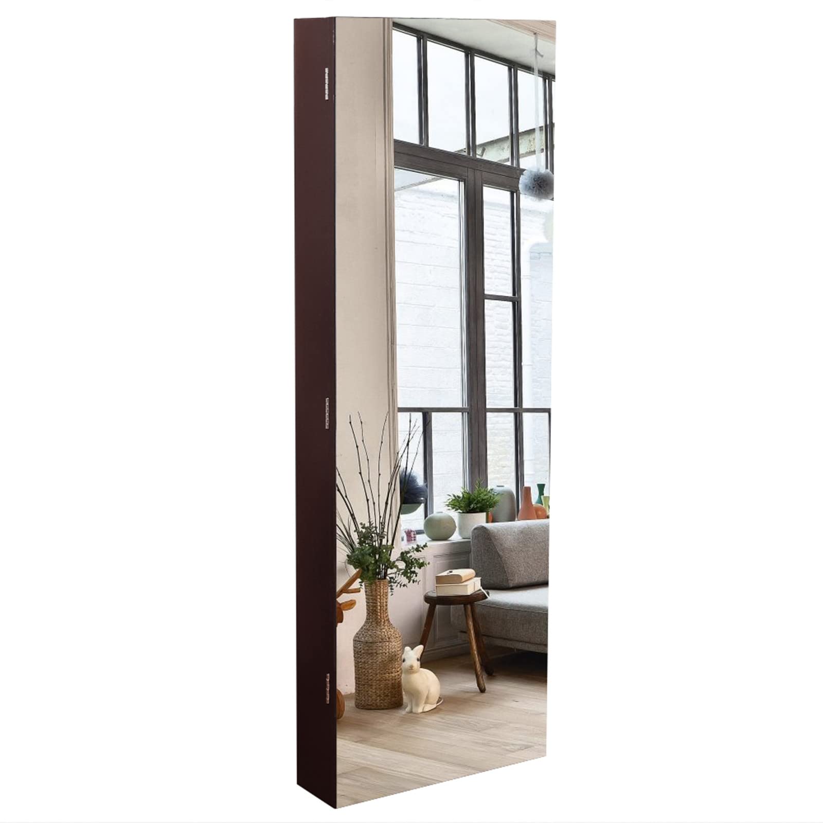Trlec Full Mirror Wooden Wall Mounted 4-Tier Shelf with 2 Drawers & Built-In Mirror - 8 Blue LED Lights Jewelry Storage Cabinet, Dark Brown - Perfect for Bedroom Vanity, Closet Organization & Jewelry Display