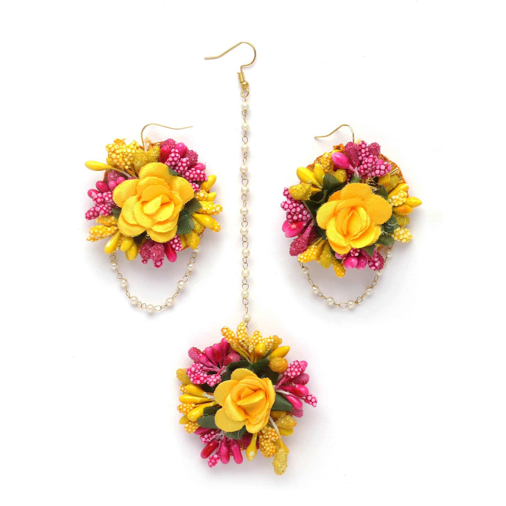 Gold-Plated Pearl & Gota Patti Flower Haldi Mehendi Maang Tikka with Earrings Set - Indian Bridal Jewelry for Wedding, Haldi Ceremony & Mehendi Function