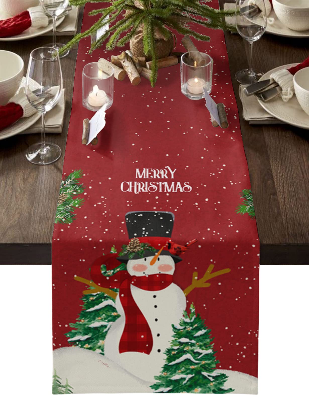 Prironde Christmas Table Runner 72 Inches Long - Snowman & Snowflake Red Cotton Linen Tablecloth for Kitchen Dining Table, Living Room Coffee Table - Holiday Party Home Decor (13x72 in) - Perfect for Christmas Dinners, Winter Celebrations & Festive Home Styling