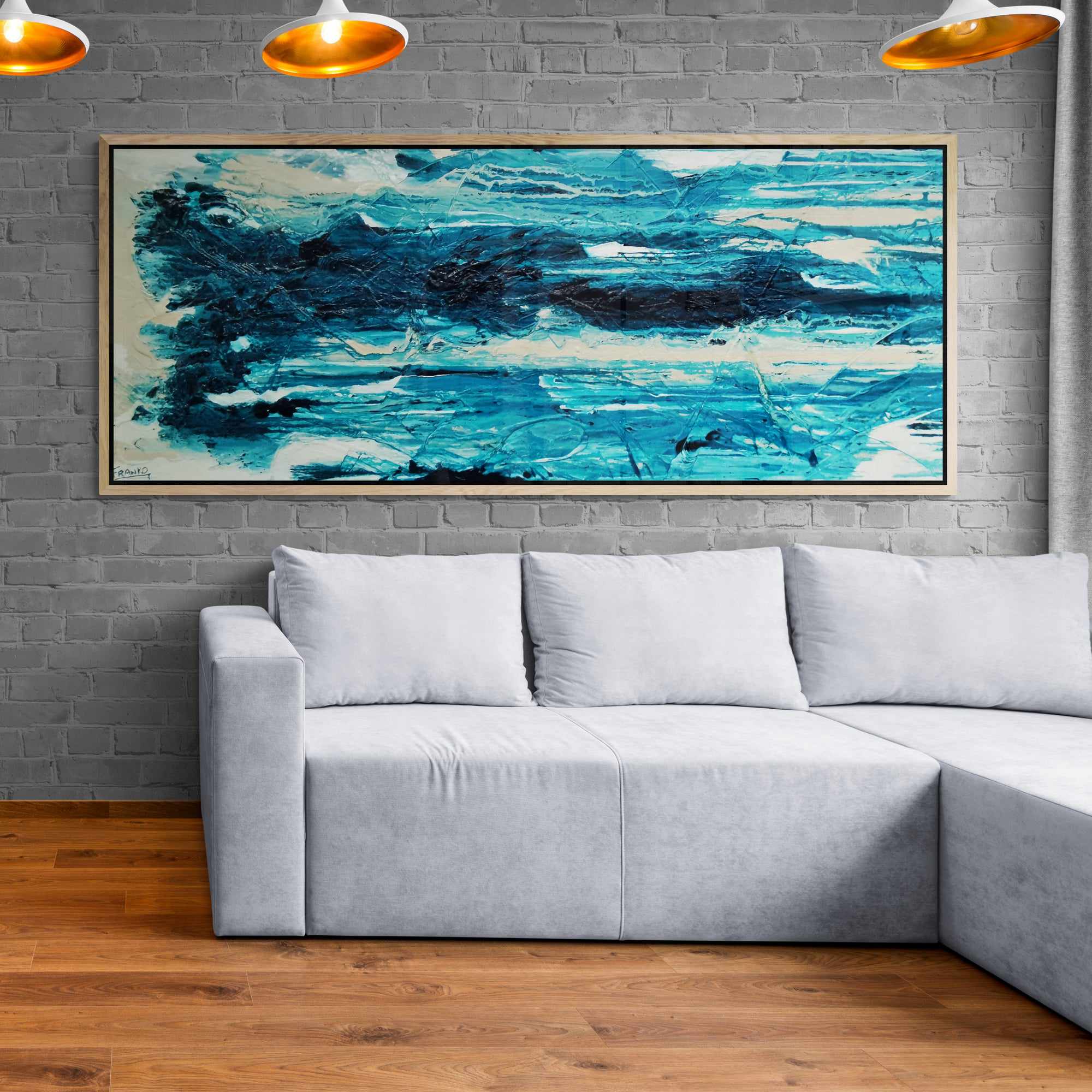 200cm x 80cm Teal Cream White Textured Abstract Wall Art Painting - Modern Malted Southern Style for Living Room, Bedroom & Office Decor