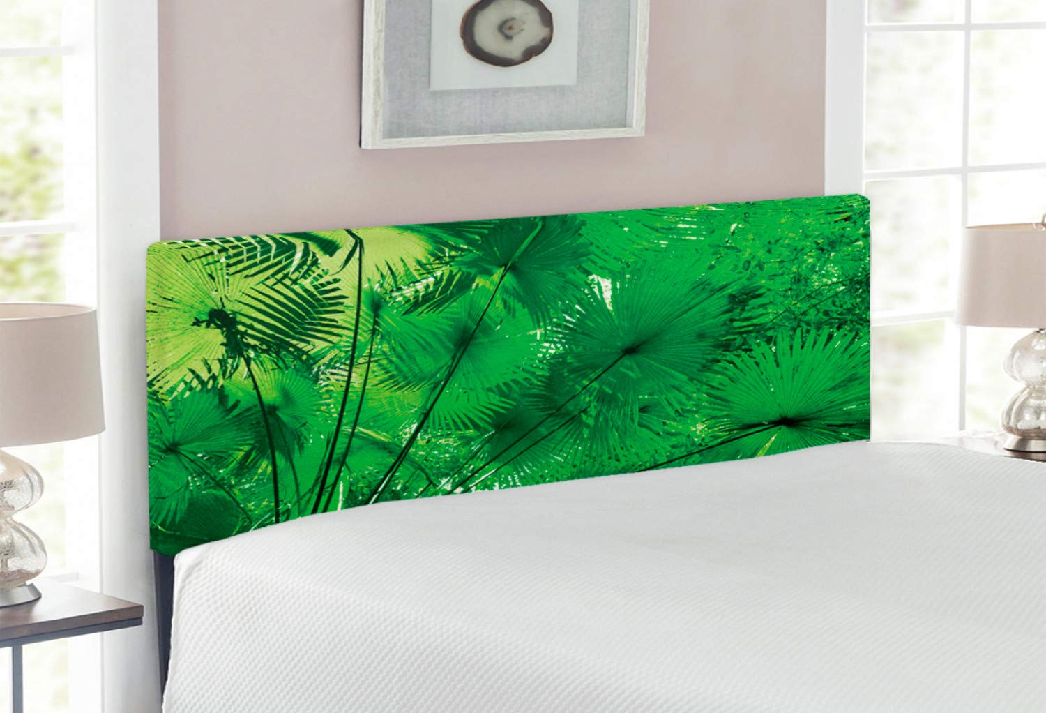 Ambesonne Rainforest Headboard - Tropical Jungle Plants Design, Upholstered Decorative Metal Bed Frame with Memory Foam, Full Size Green Headboard for Bedroom Decor | Perfect for Nature-Themed Bedrooms, Guest Rooms & Vacation Homes