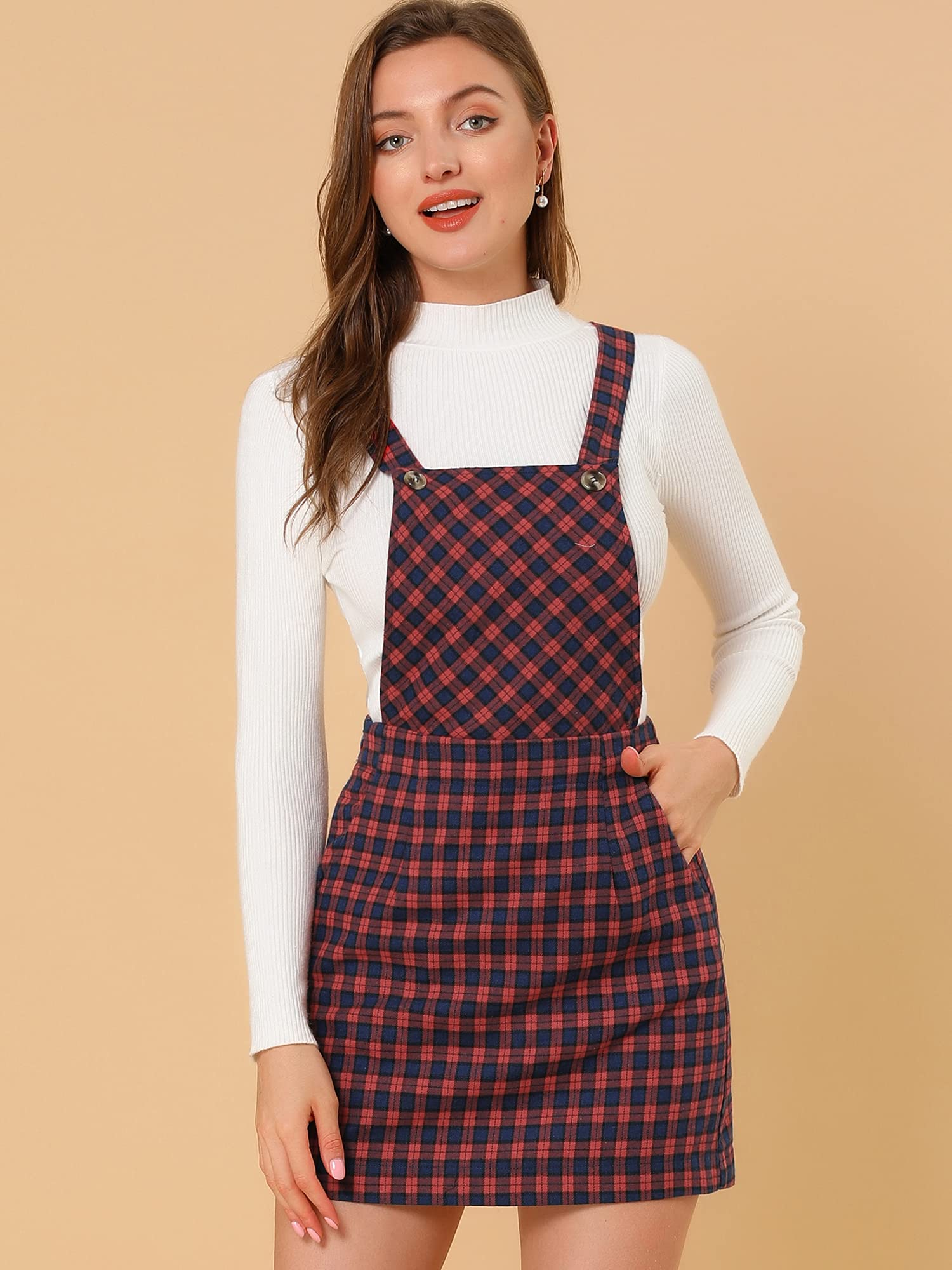 Allegra K Women's Plaid Adjustable Strap Pinafore Mini Suspender Skirt - Stylish Bib Dress for Casual Outings, Date Nights & Spring Fashion