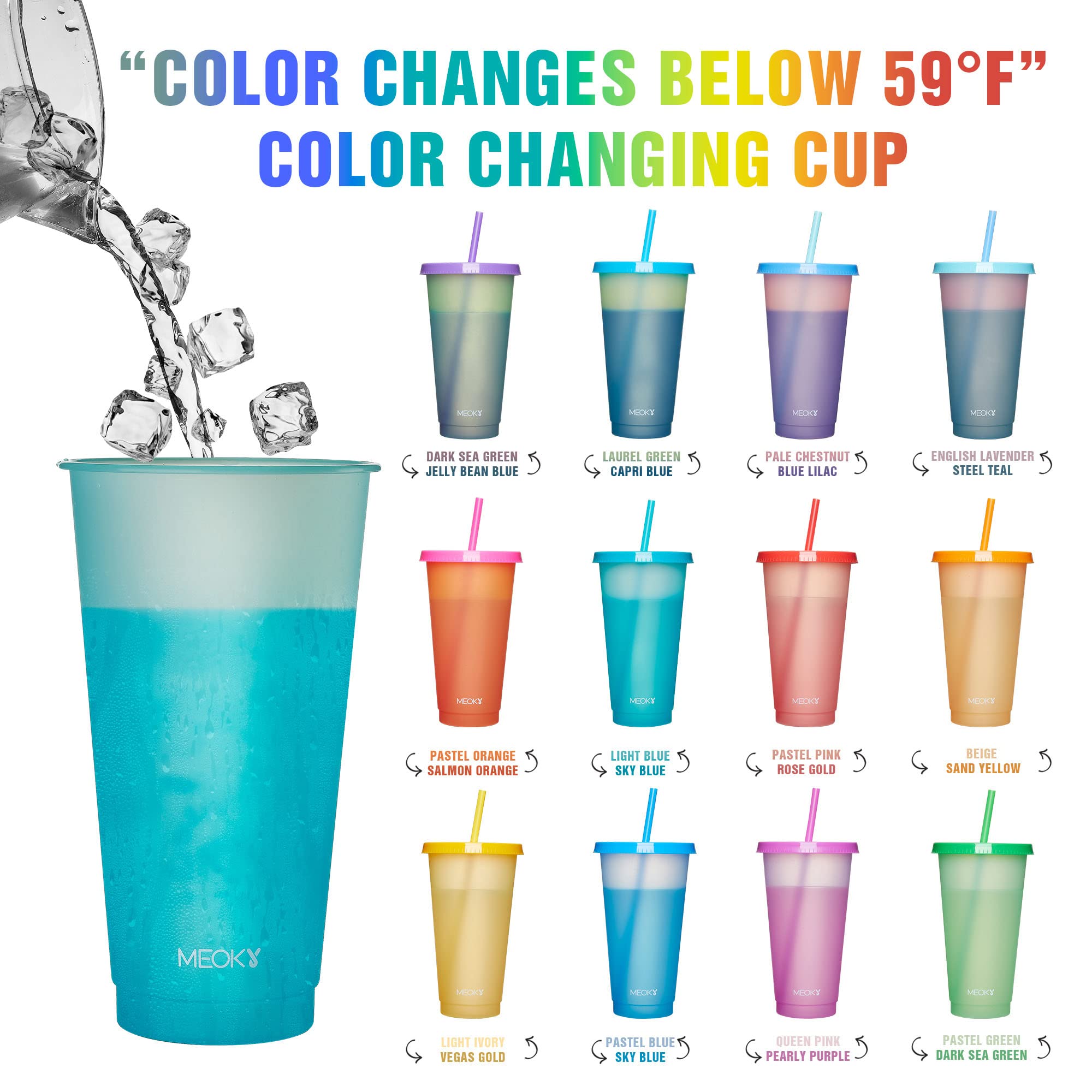 Meoky 12-Pack 24oz Reusable Color Changing Plastic Cups with Lids & Straws - BPA-Free Tumblers for Cold Coffee, Smoothies & Drinks - Perfect for Adults, Kids, Summer Parties, Beach Trips & Outdoor Gatherings