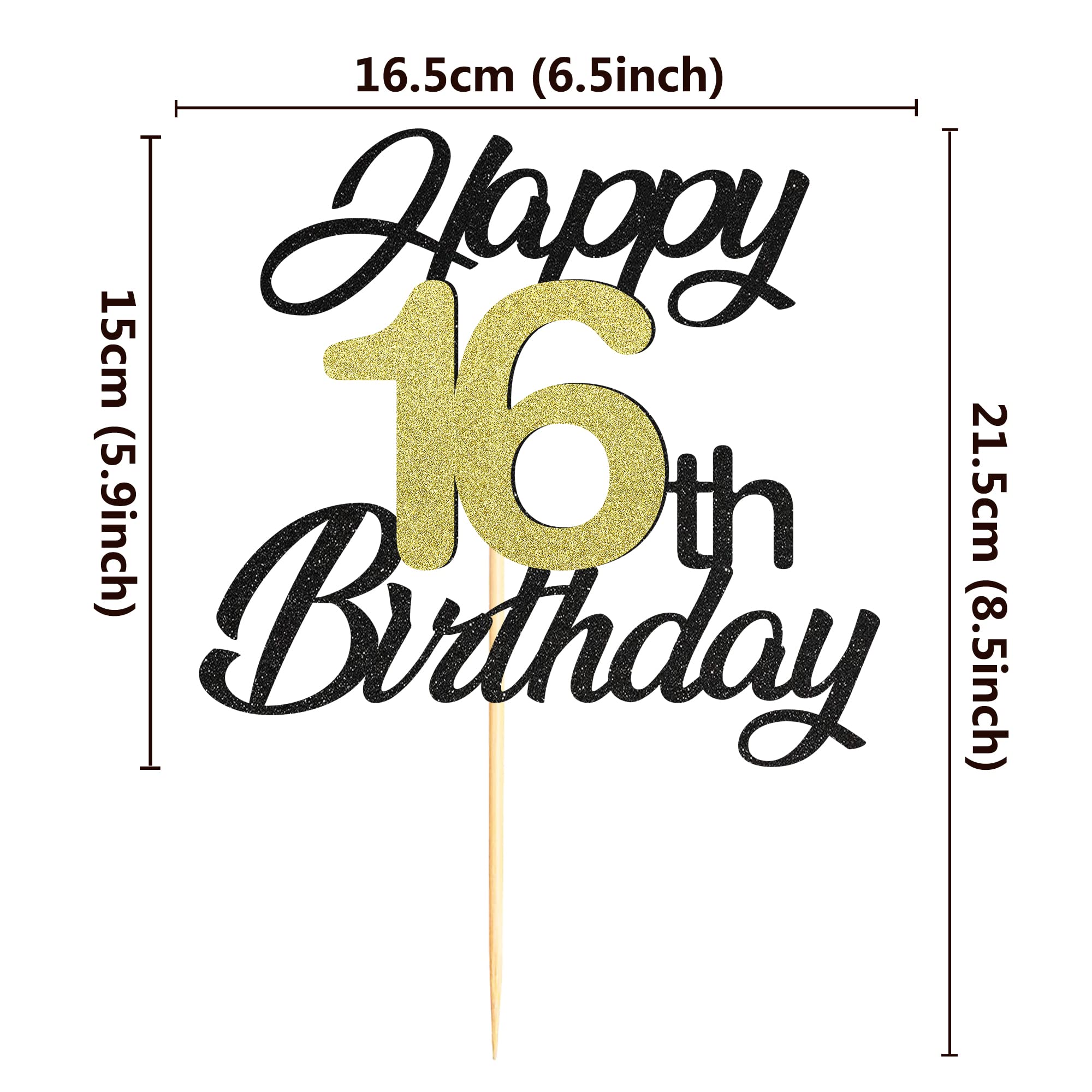 Happy 16th Birthday Cake Toppers - Black & Gold Glitter Cake Decorations for Sweet 16 Party | Elegant 16th Birthday Cake Topper for Teen Girls & Boys | Perfect for Birthday Cakes, Cupcakes & Dessert Tables