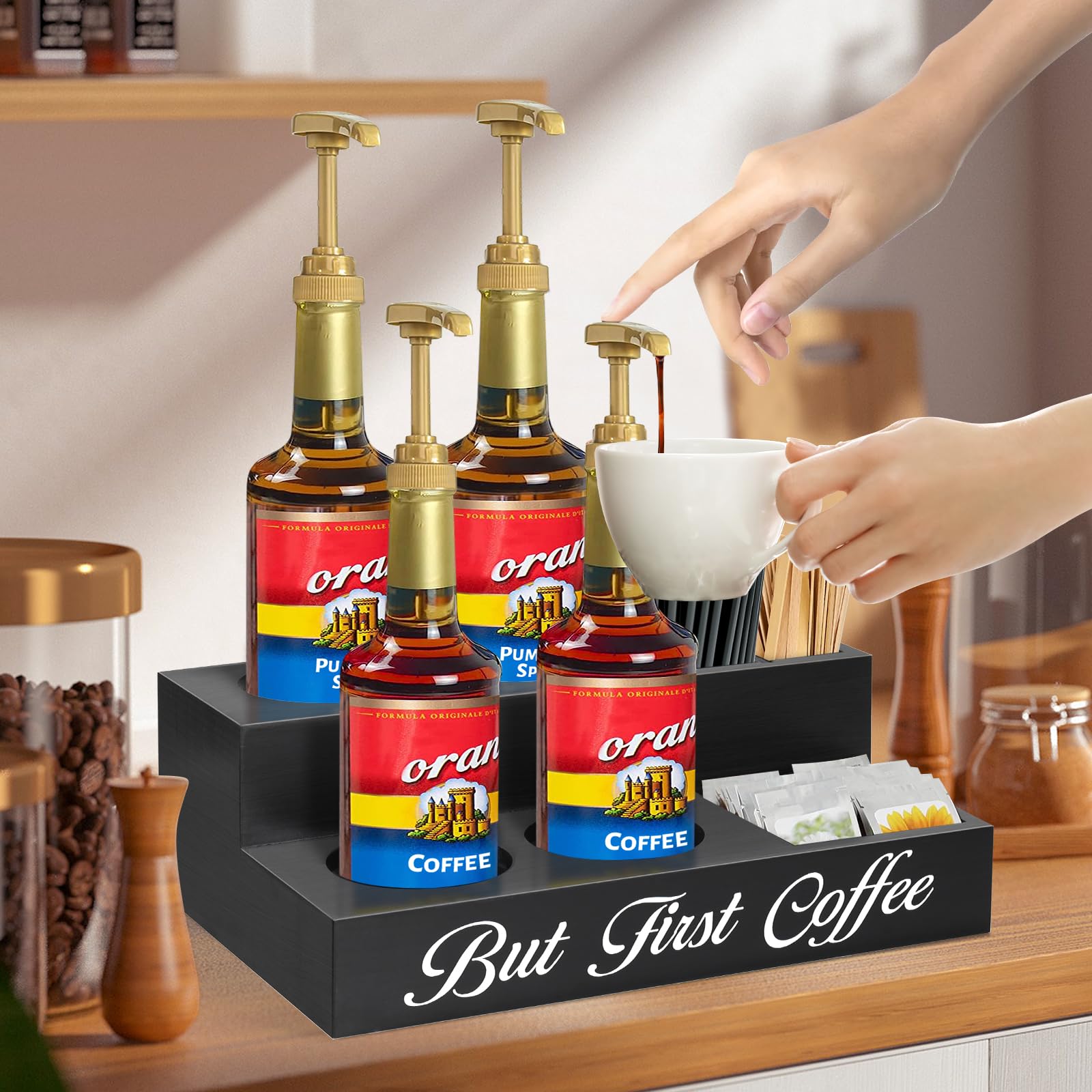 Rustic Wooden Coffee Station Organizer - Syrup & Pod Holder, Countertop Pantry Organizer for Farmhouse Coffee Bar Decor | Perfect for Kitchen, Dining Room & Coffee Shop Décor