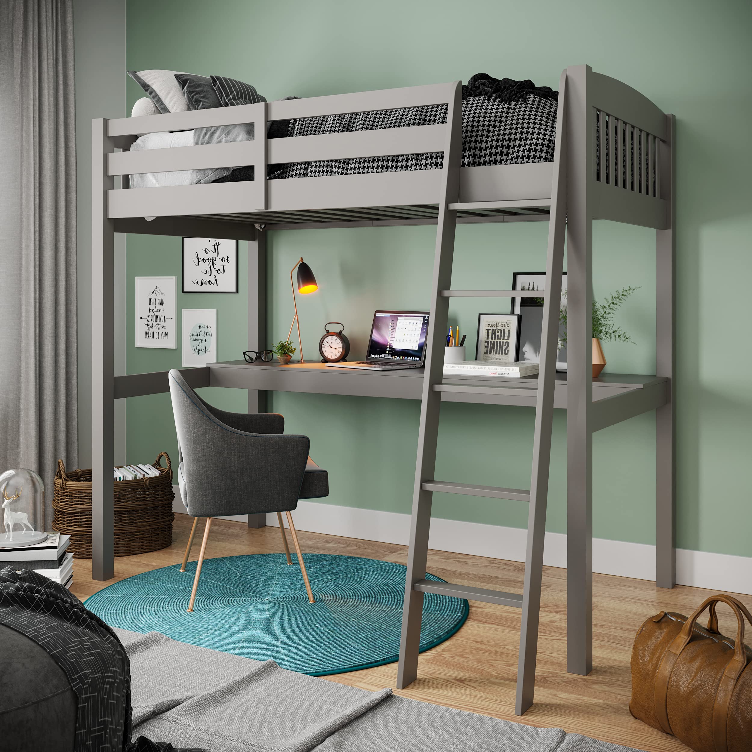 Harper & Bright Designs Twin Size Wooden Loft Bed with Desk - Sturdy High Loft Bed Frame for Kids, Teens & Adults - Includes Inclined Ladder & Safety Guard Rails - Space-Saving Study & Sleep Solution (Grey) - Perfect for Small Bedrooms, Dorms & Home Offices