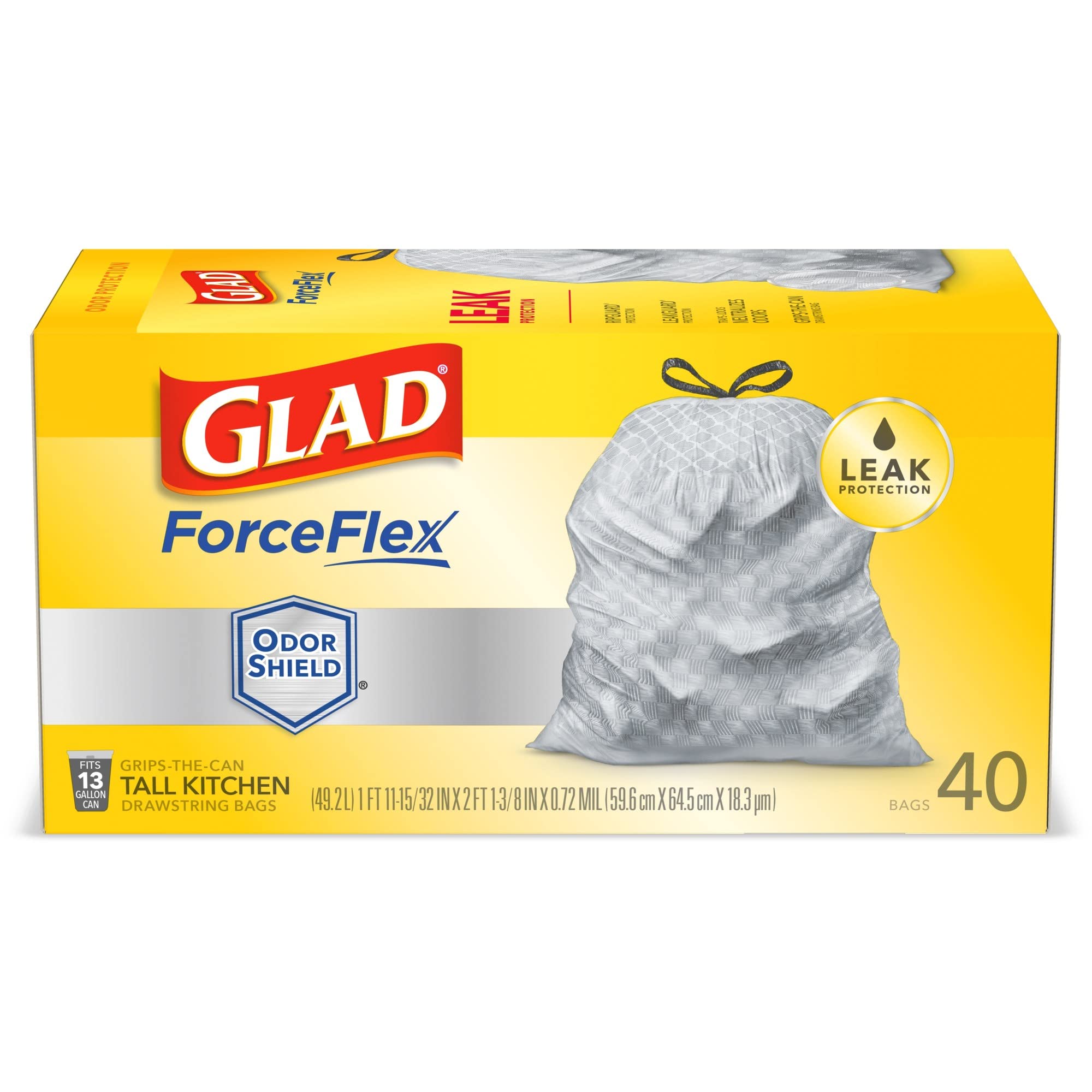 Glad ForceFlex Tall Kitchen Drawstring Trash Bags with OdorShield Technology - 13 Gallon Capacity (23.74