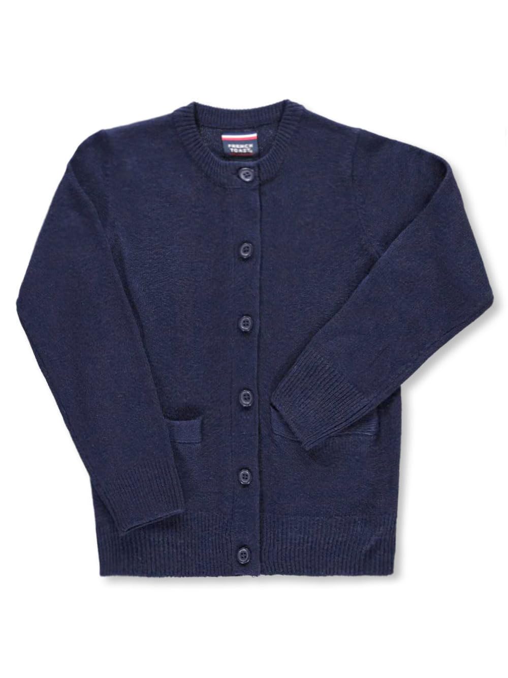 French Toast Girls' Crewneck Cardigan with Welt Pockets - Navy Blue Size 14 (4-20) | Cozy School Outfits & Layered Fall Fashion for Kids