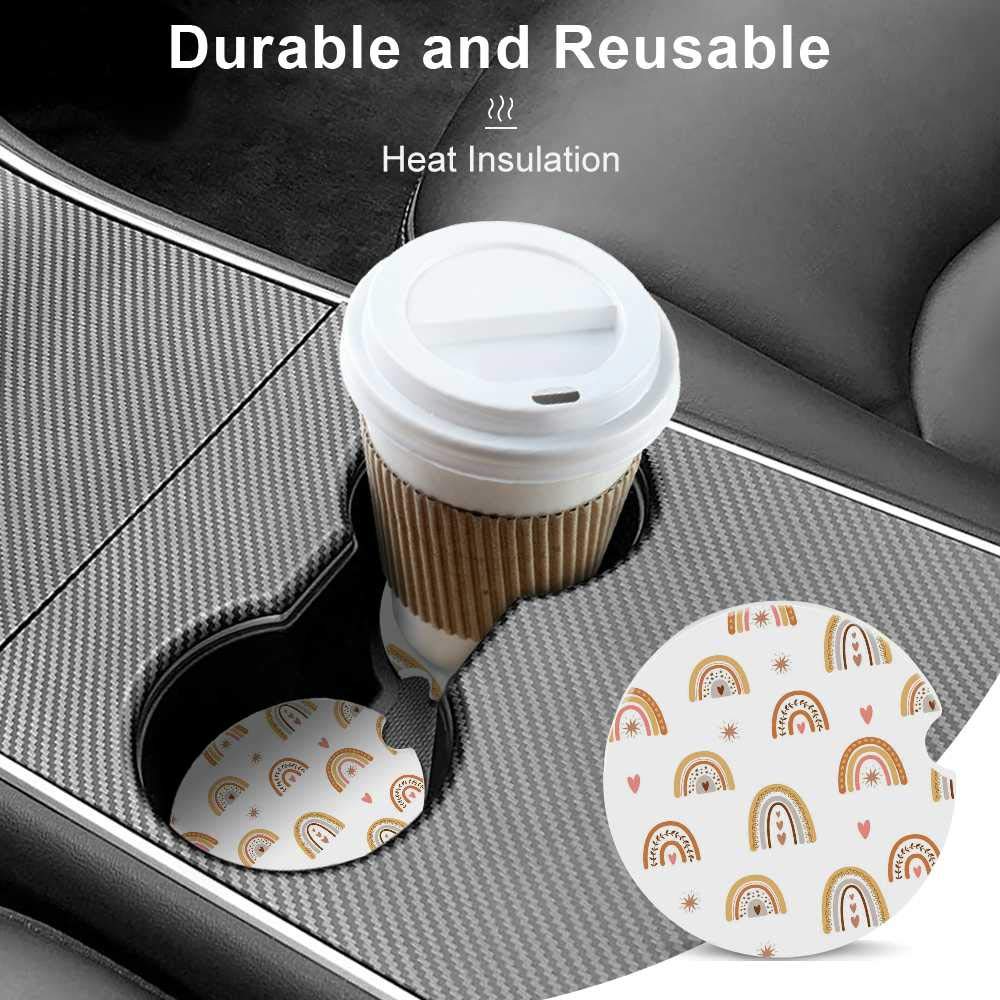 Boho Rainbow Pastel Ceramic Car Coasters for Cup Holders - 2PCS Non-Slip Absorbent Coasters with Wooden Backing, Universal Fit for Cars, SUVs & Trucks - Perfect for Kids, Travel & Everyday Use