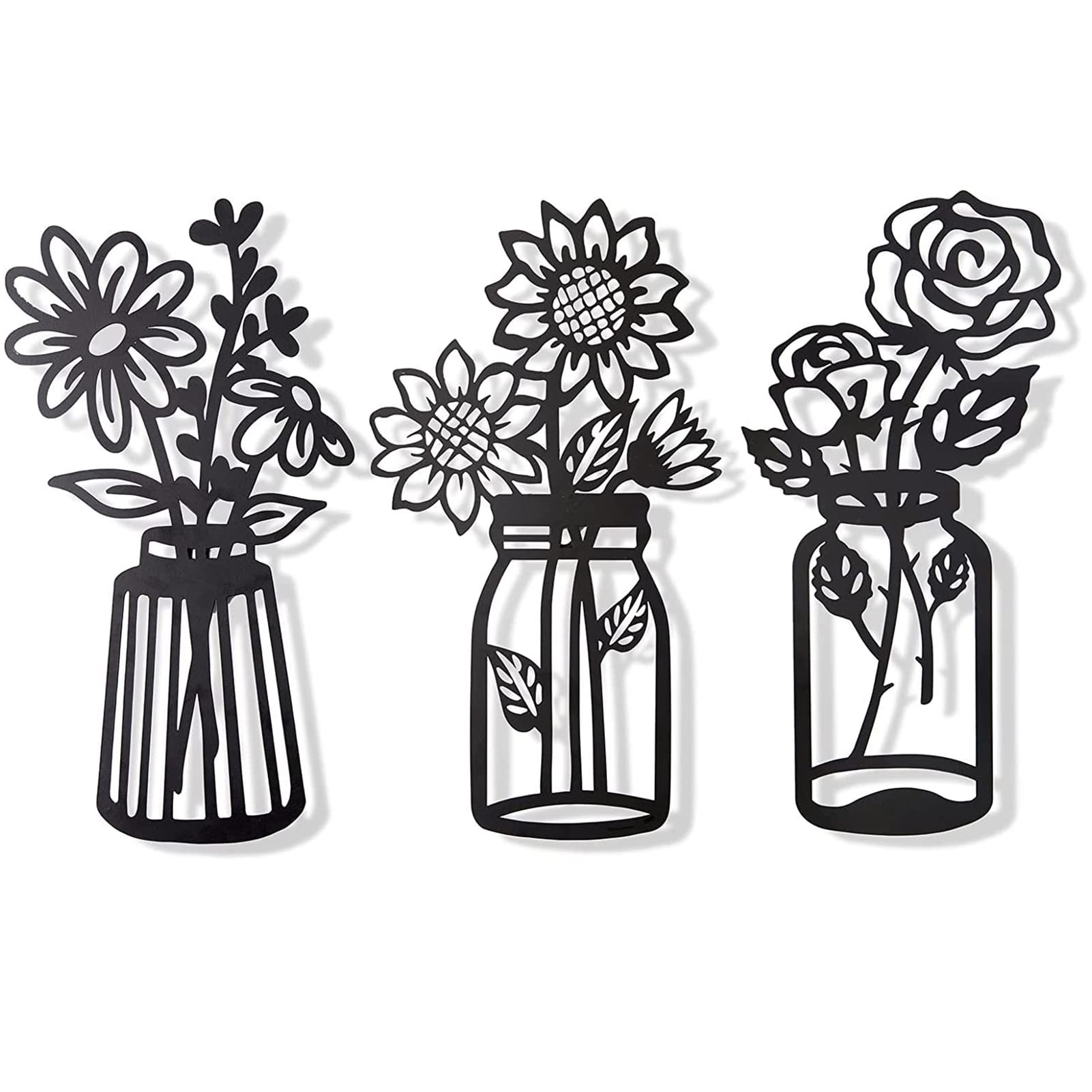 LAIDEPA 3Pcs Black Metal Flowers Wall Decor Set - Minimalist Rustic Metal Wall Art for Kitchen, Bathroom, Living Room, Bedroom, Dining Room & Patio - Farmhouse Home Decor with Vase - Perfect for Wall Accents & Interior Design