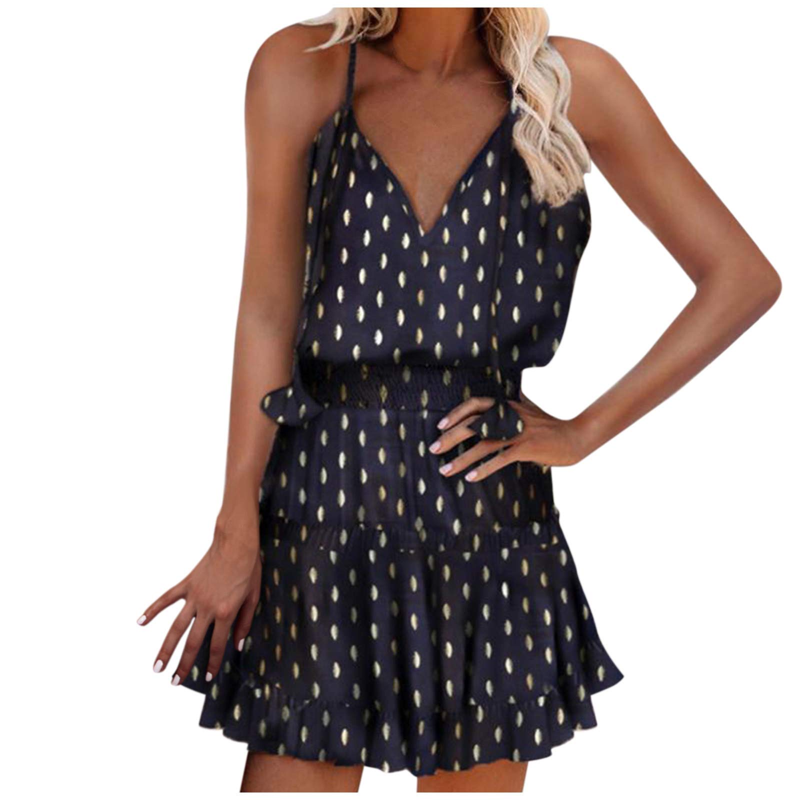 Usupdd Women's Floral Print V-Neck Sleeveless Ruffle Mini Dress - Boho Spaghetti Strap Sundress for Summer Beach Vacation & Party Outfits