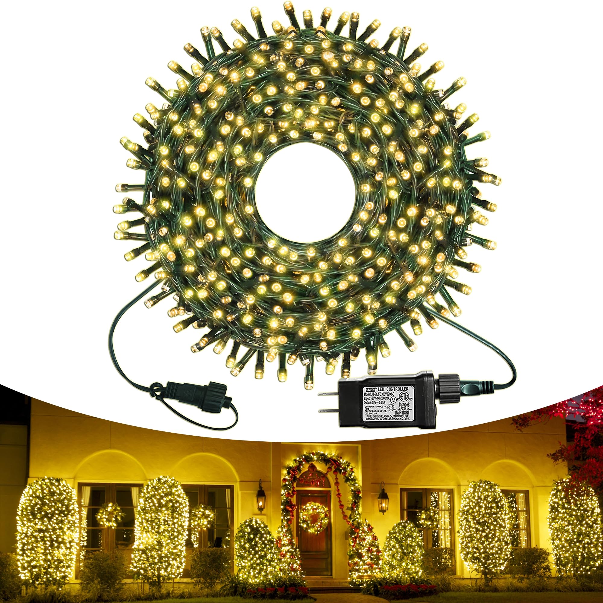 Kemooie 300 LED Christmas Lights - 99FT Connectable Green Wire Tree Lights with 8 Lighting Modes & Timer, Waterproof for Indoor/Outdoor Use - Perfect for Patio, Garden, Wedding & Party Decorations (Warm White)