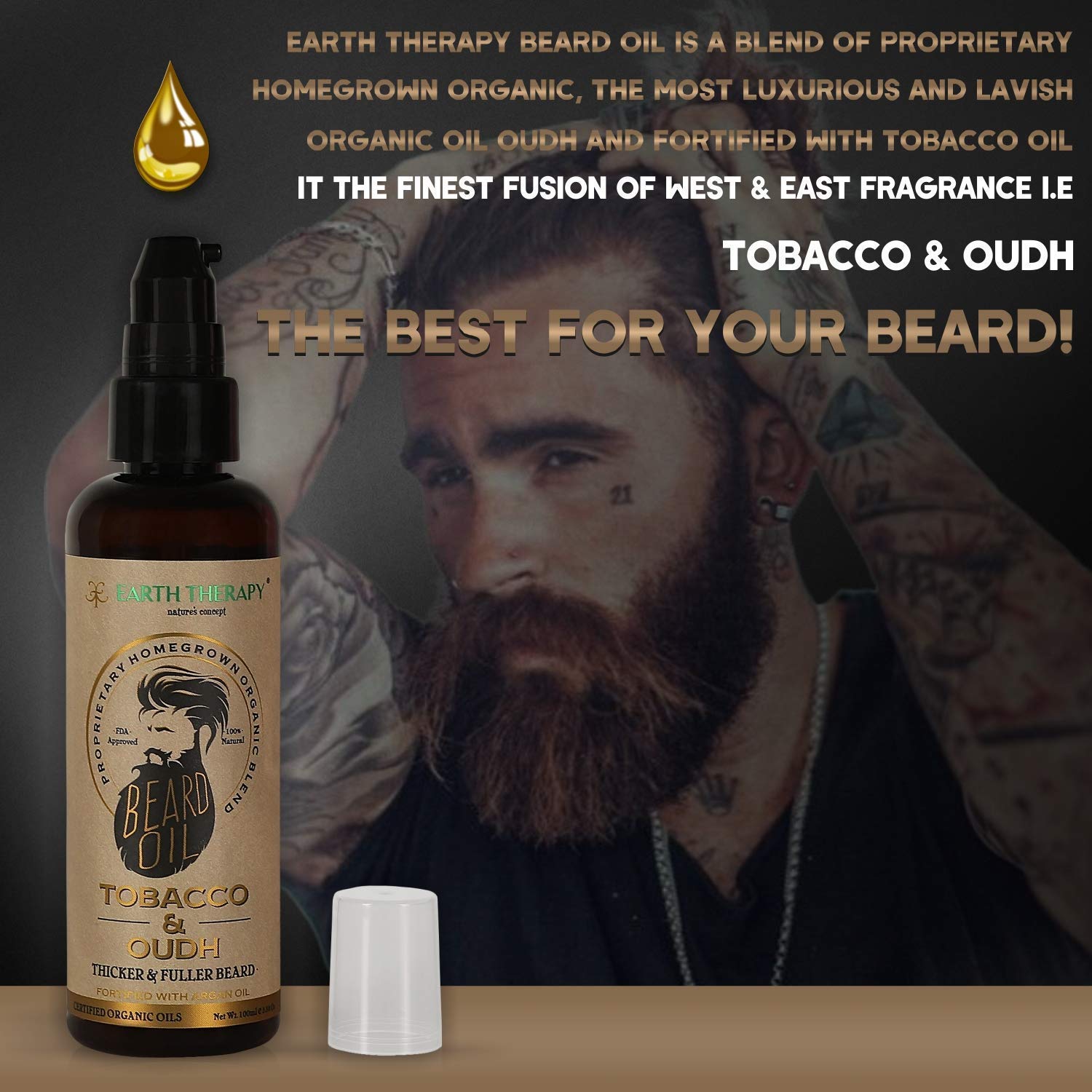 EARTH THERAPY Natural Beard Oil for Men - 100ml | Organic Mustache & Beard Growth Conditioner with Nourishing Ingredients | Perfect for Daily Grooming & Styling