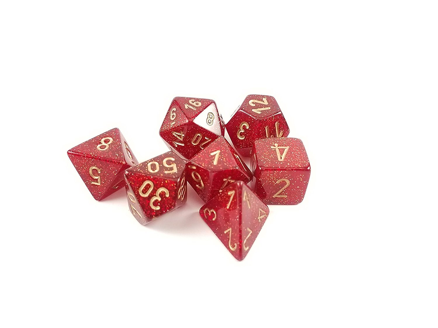 Chessex Polyhedral 7-Die Glitter Dice Set - Ruby Red with Gold Numbers for D&D, RPG, Tabletop Gaming & Collectors