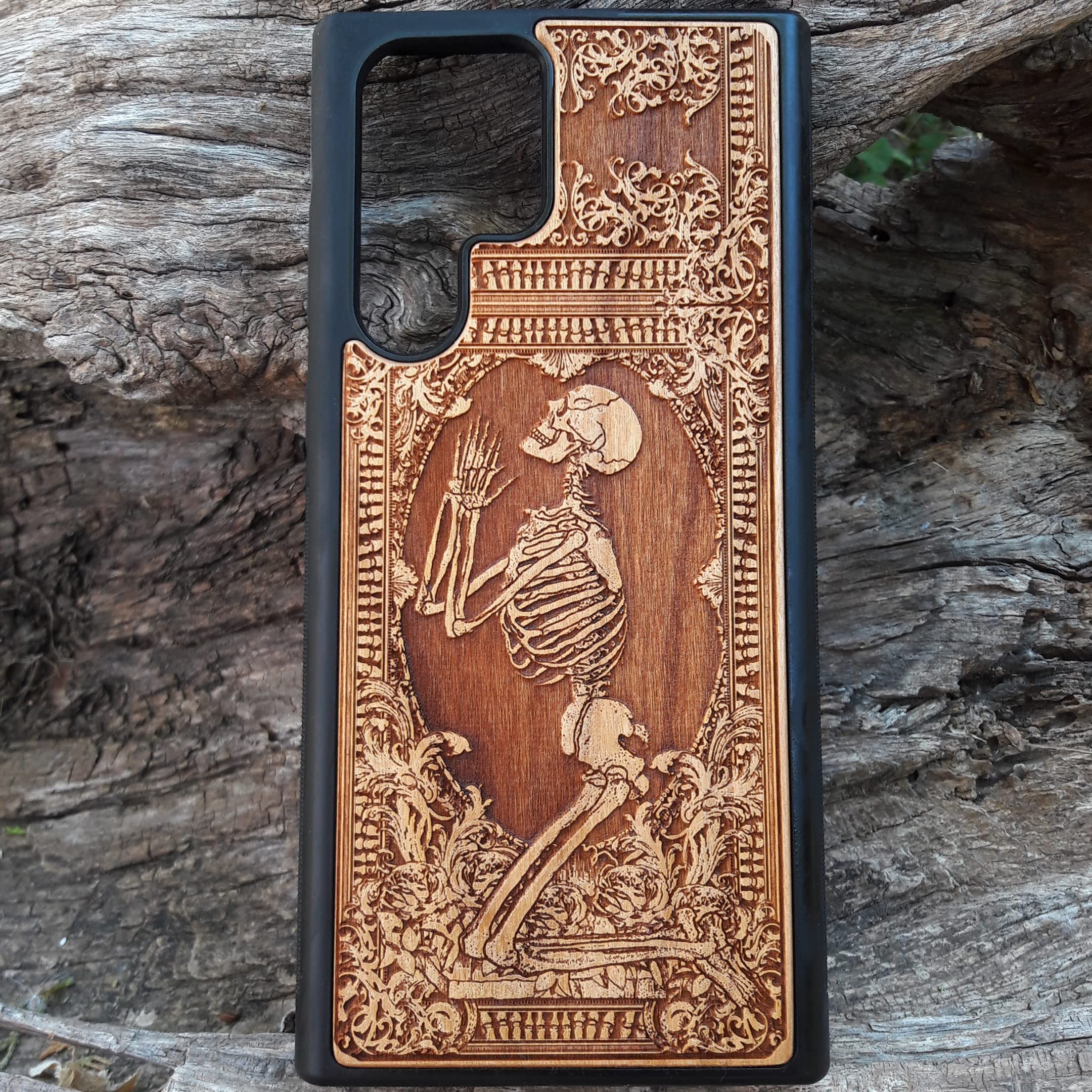 Praying Skeleton Laser Engraved Wooden Phone Case - Compatible with iPhone 16/15/14/13/12/11 Pro Max/Mini & Galaxy S25/S24/S23/S22/S21/S20 Ultra Plus - Eco-Friendly Slim Durable Wood Cover - Perfect for Halloween, Gothic Style & Nature Lovers