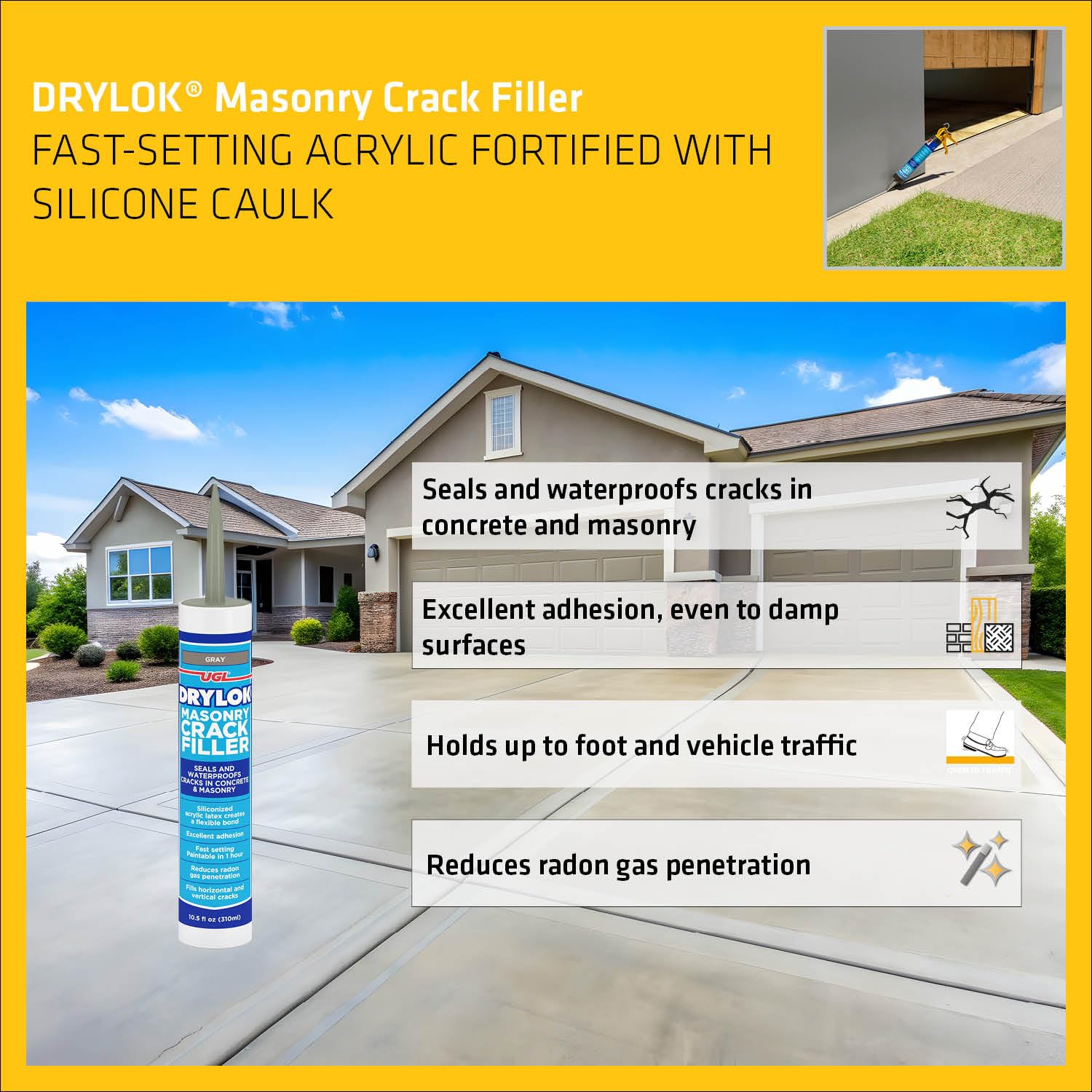 DRYLOK Masonry Crack Filler, 10.5 fl. oz – Fast-Setting Concrete & Masonry Repair for Walls, Floors, Indoor & Outdoor Use | Waterproof Sealant | Paintable in 1 Hour | Gray | Perfect for Basements, Driveways & Foundation Repairs